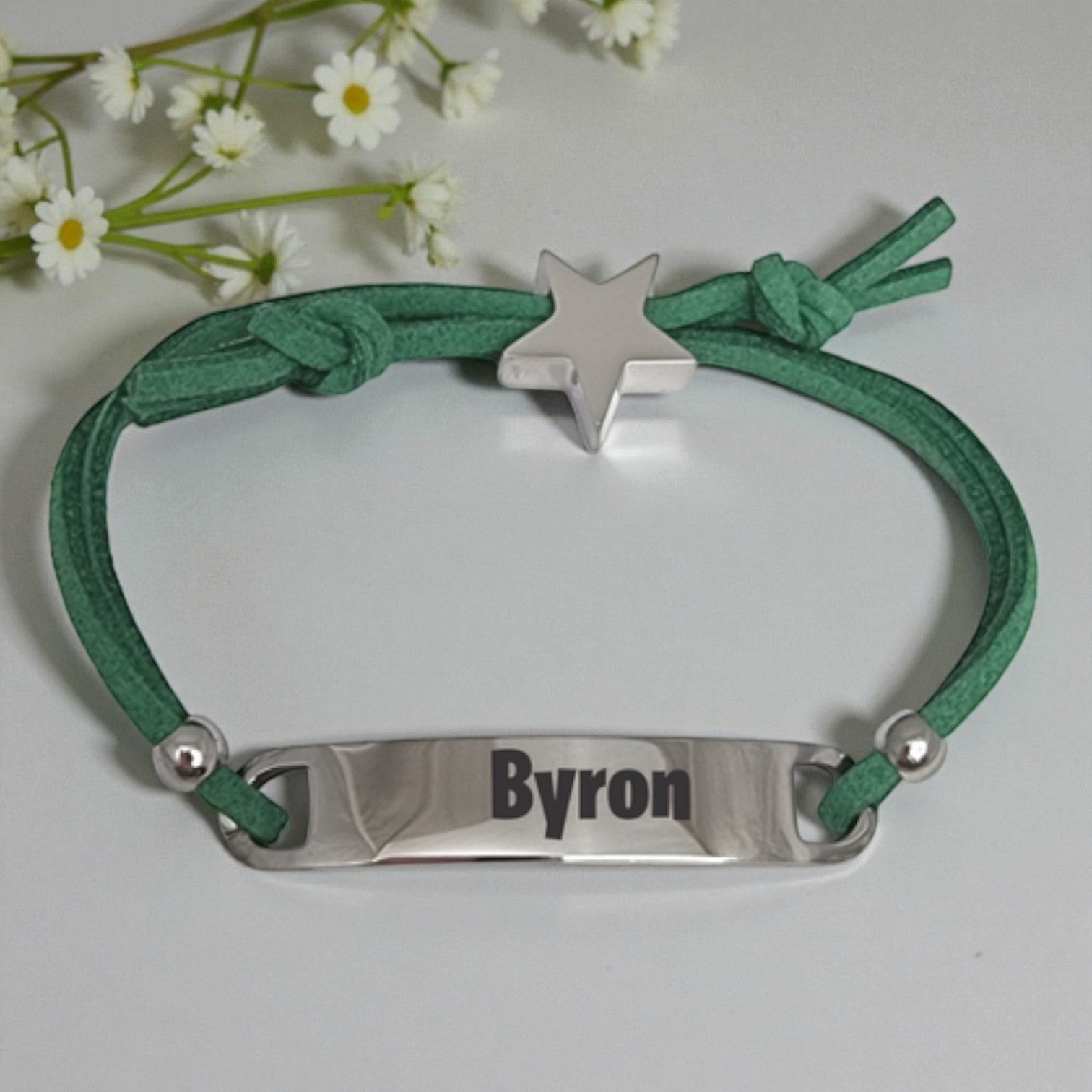 Kids Green Cord ID Bracelet with Engraved Star Charm
