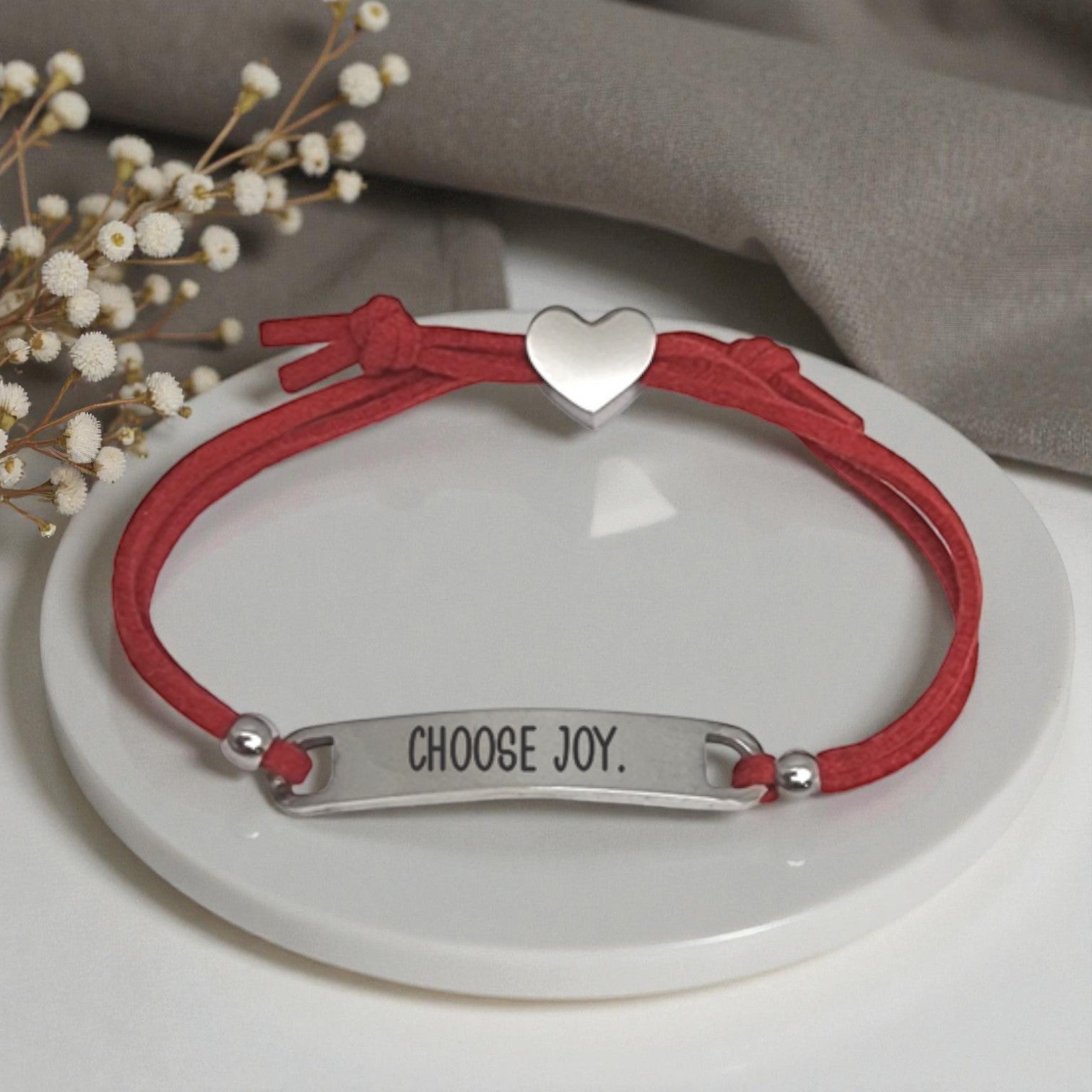 Kids Red Cord ID Bracelet with Engraved Heart Charm