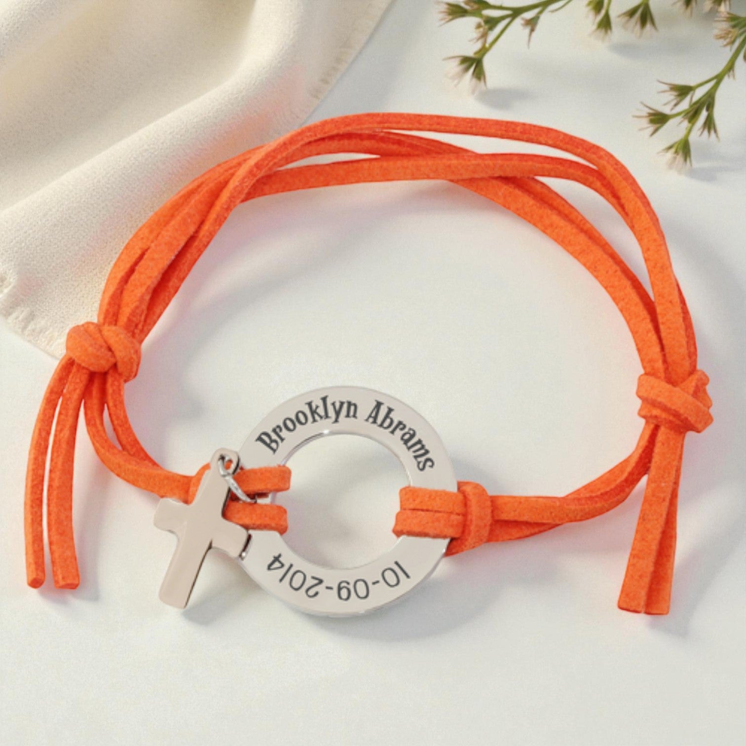 Personalized Engraved Orange Cord Bracelet with Cross Charm