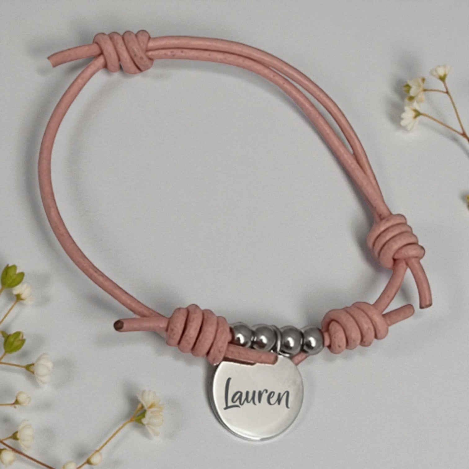 Adjustable Pink Cord Bracelet with Round Engraved Charm