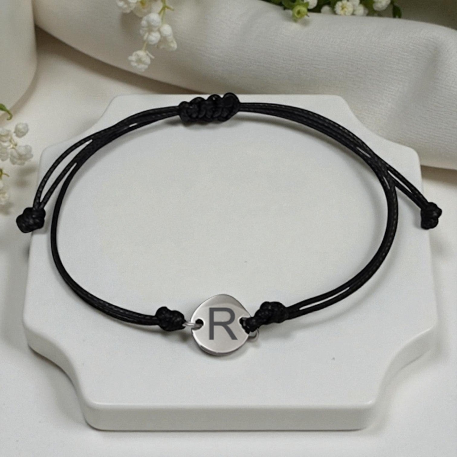 Adjustable Black Cord Bracelet with Round Charm