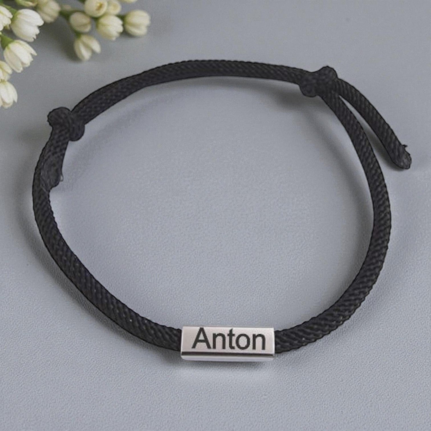 Adjustable Rope Bracelet with Custom Engraved Rectangular Charm