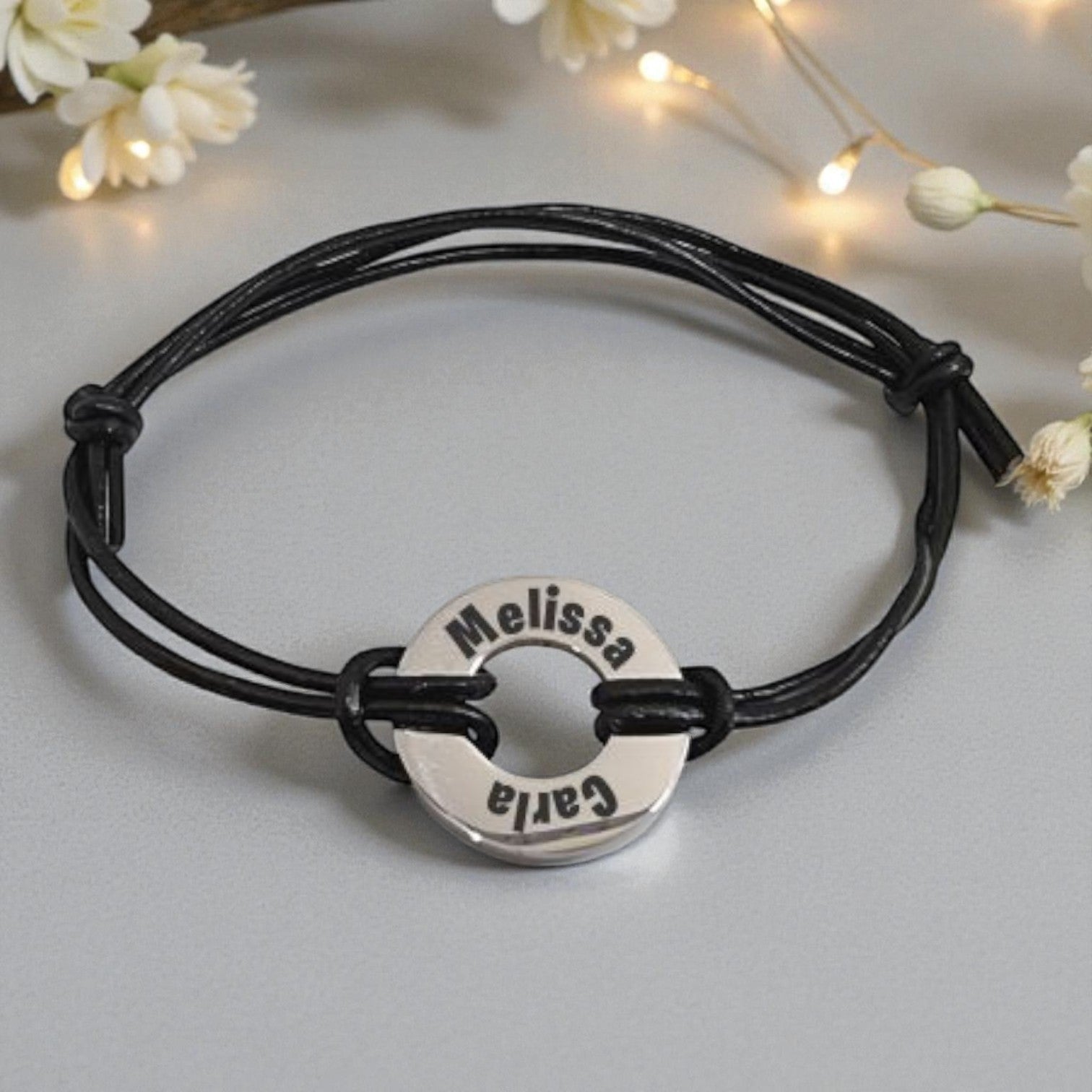 Adjustable Rope Bracelet with Custom Engraved Washer Charm