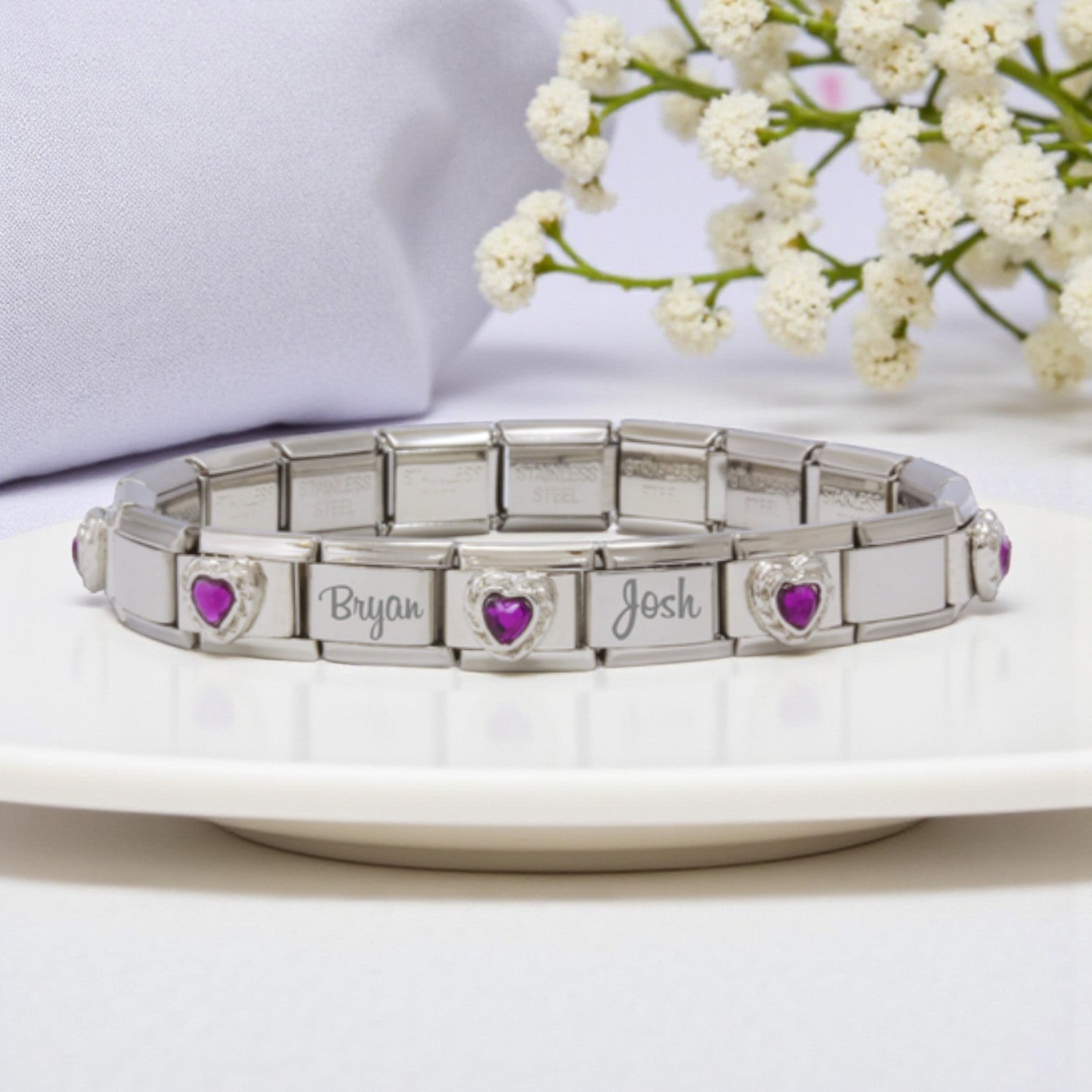 9mm Custom Engraved Purple Heart Stone Italian Charm Bracelet