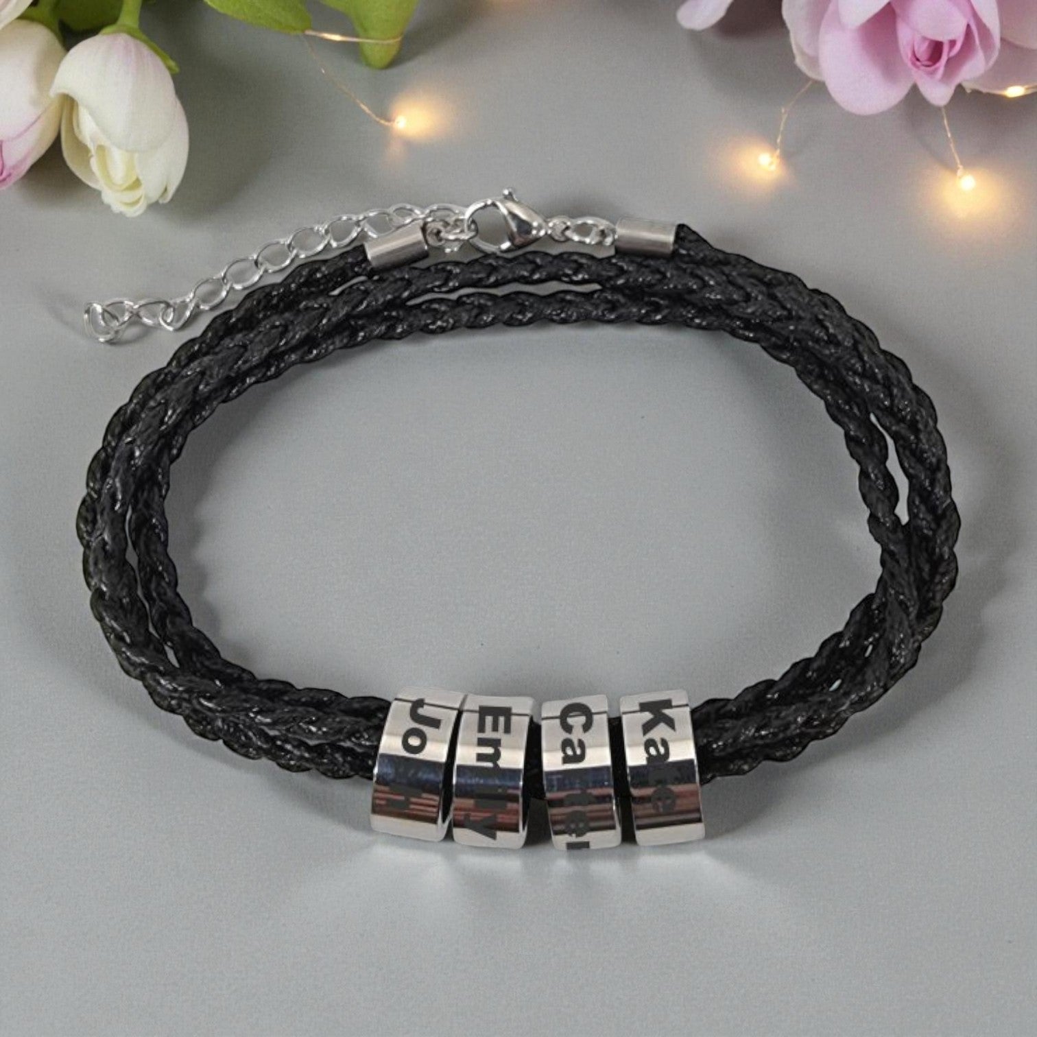 Adjustable Black Rope Bracelet with 4 Custom Engraved Rings