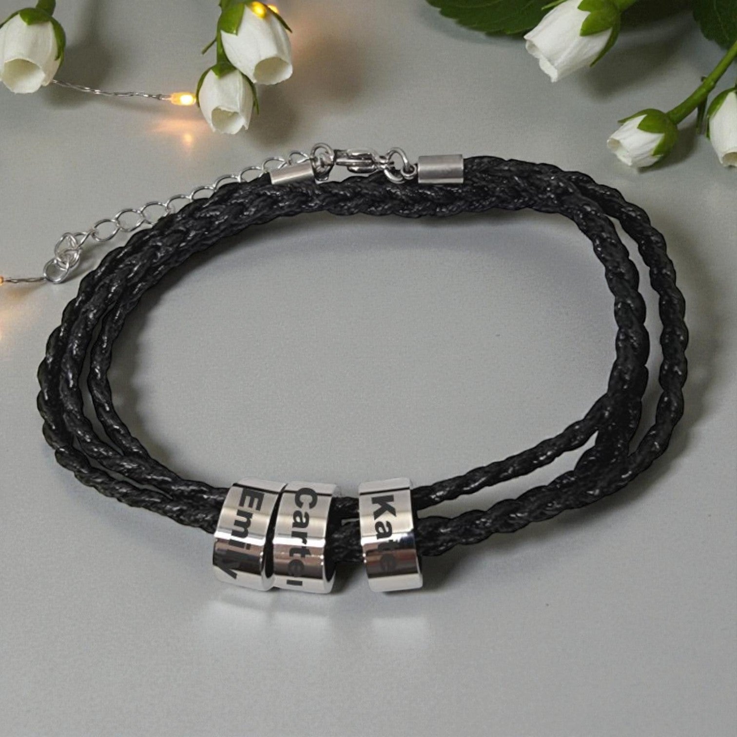 Adjustable Black Rope Bracelet with 3 Custom Engraved Rings