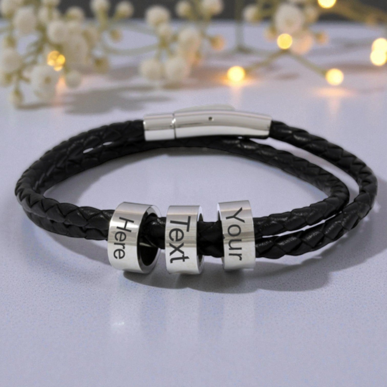 Black Rope Bracelet with 3 Custom Engraved Rings