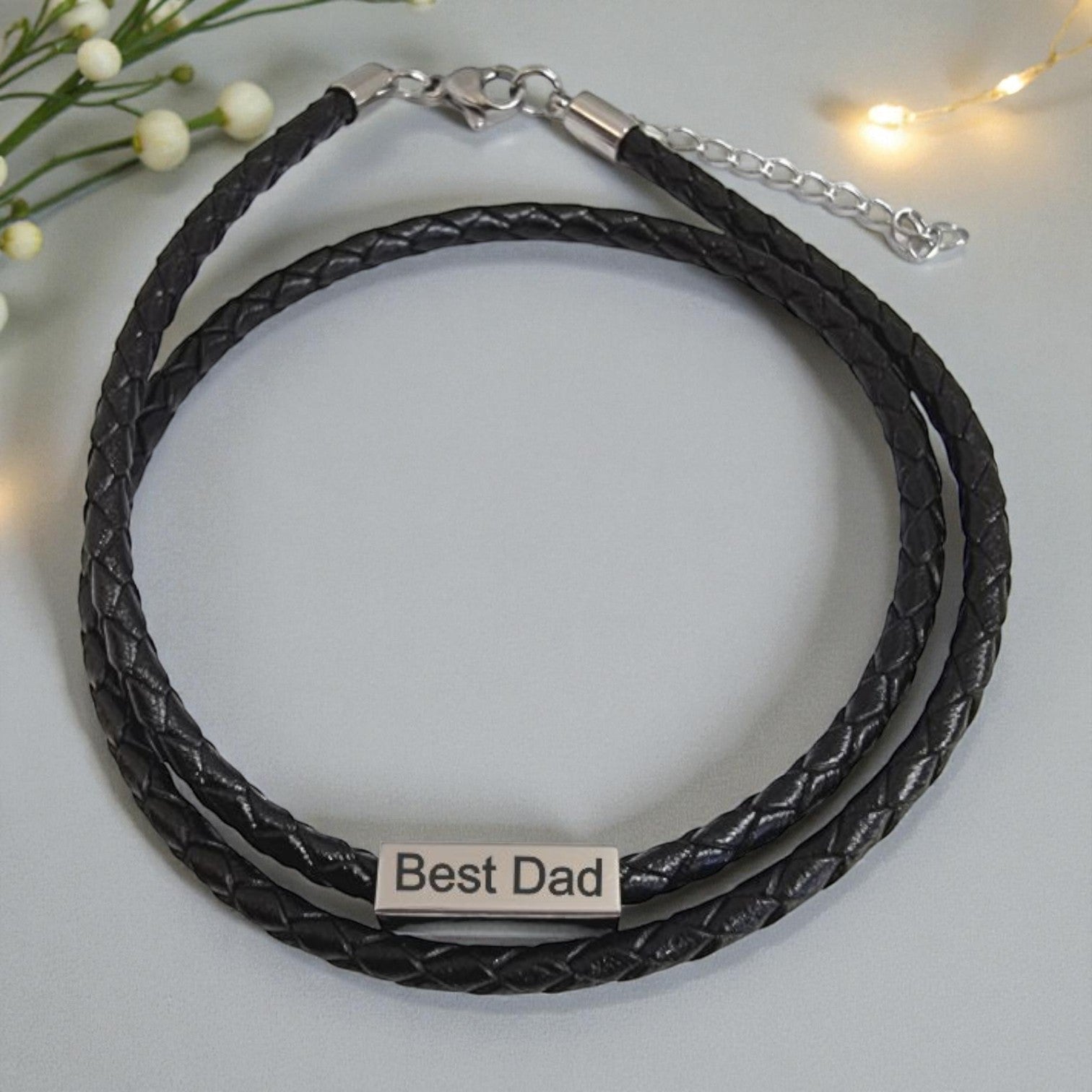 Black Rope Bracelet with Custom Engraved Rectangular Charm