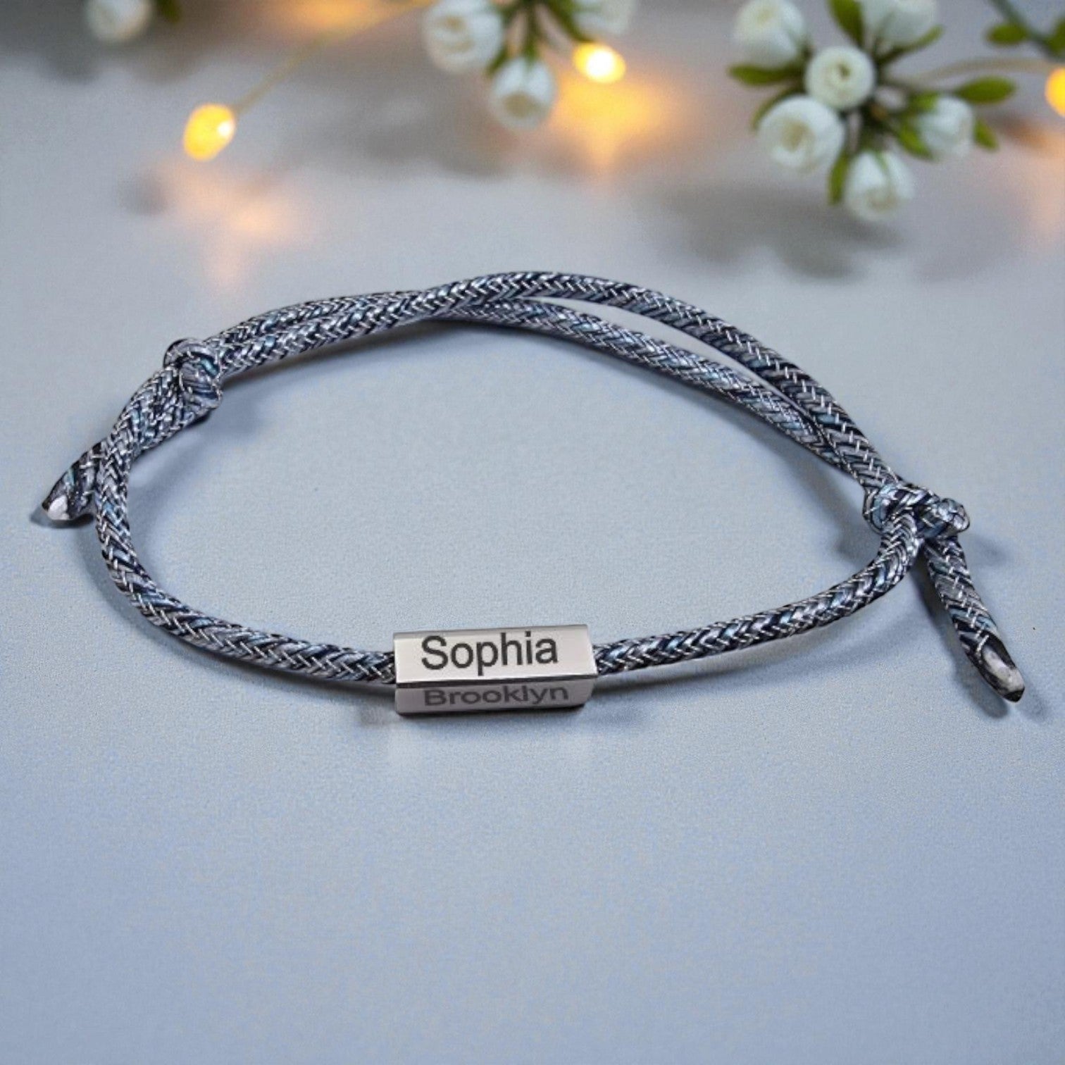 Adjustable Grey Rope Bracelet with Custom Engraved Rectangular Charm