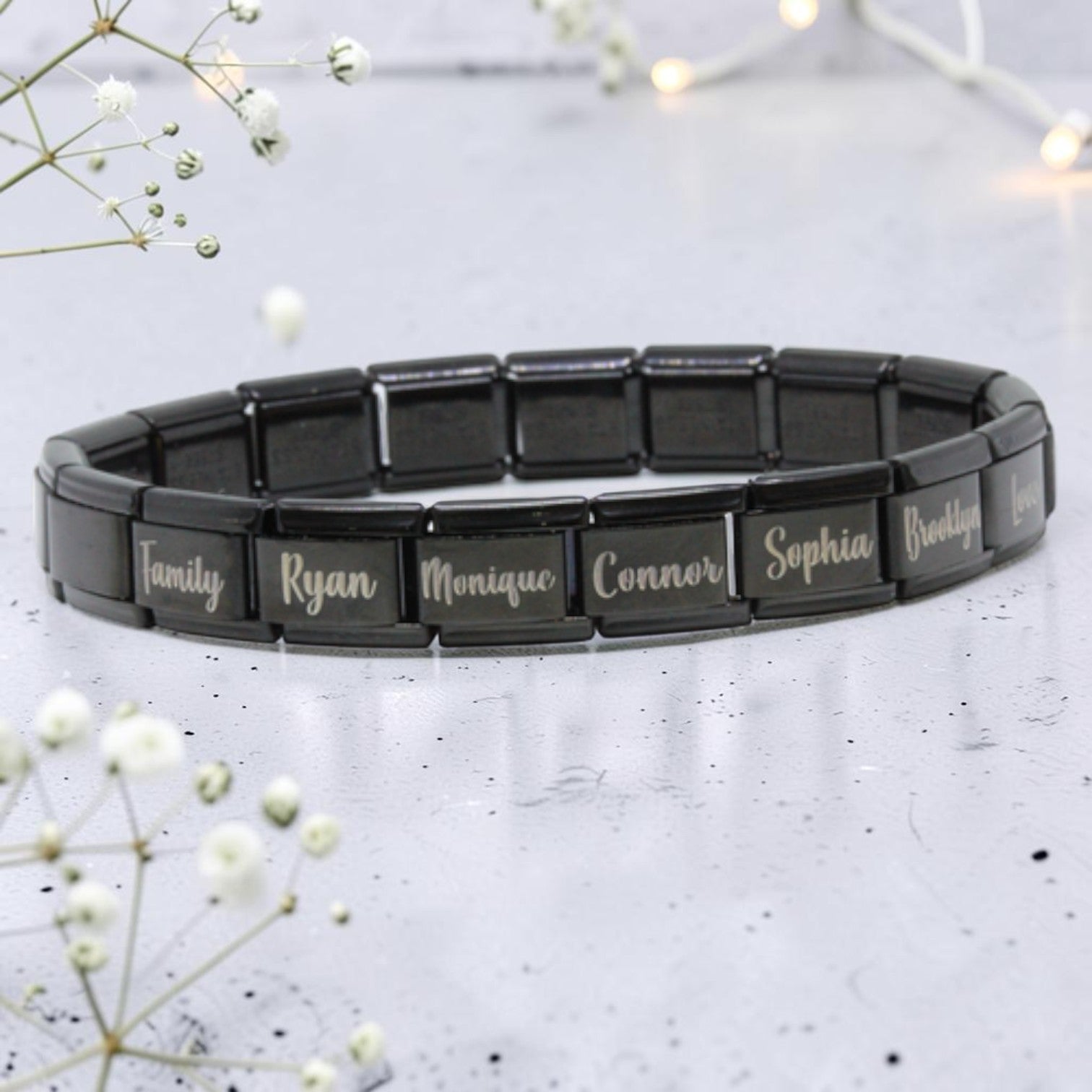 9mm Engraved Name Italian Charm Bracelet (Black)