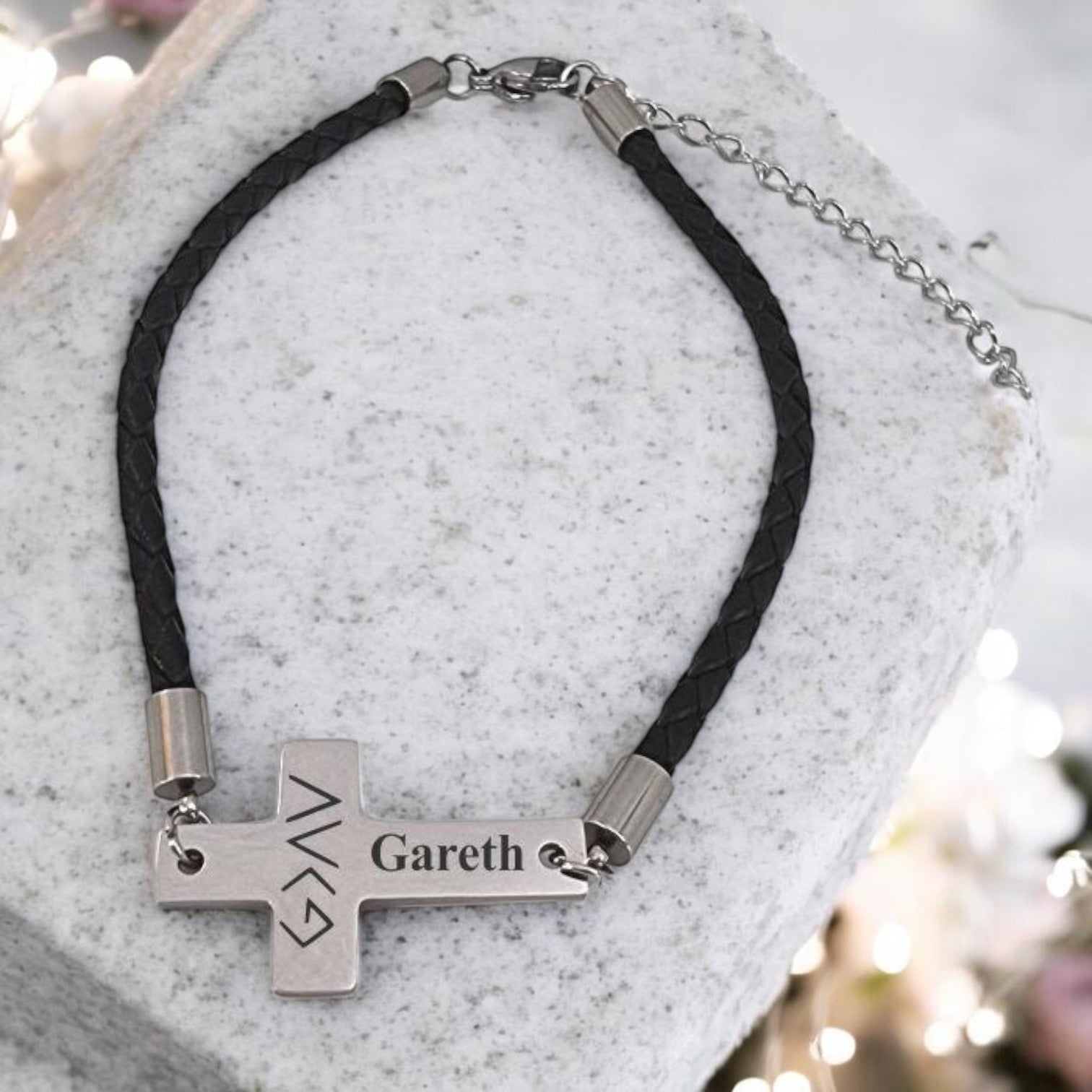 Adjustable Black Rope Custom Engraved Cross Bracelet