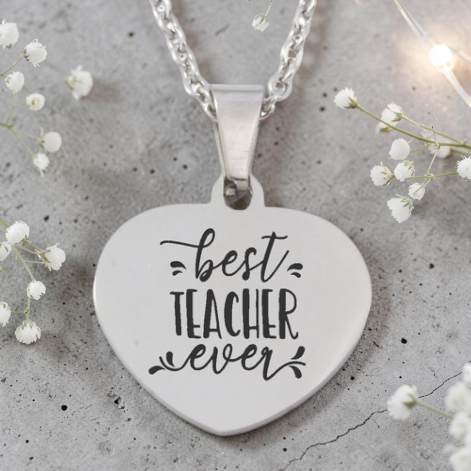 Best Teacher Engraved Heart Pendant and Chain (Available in other finishes)