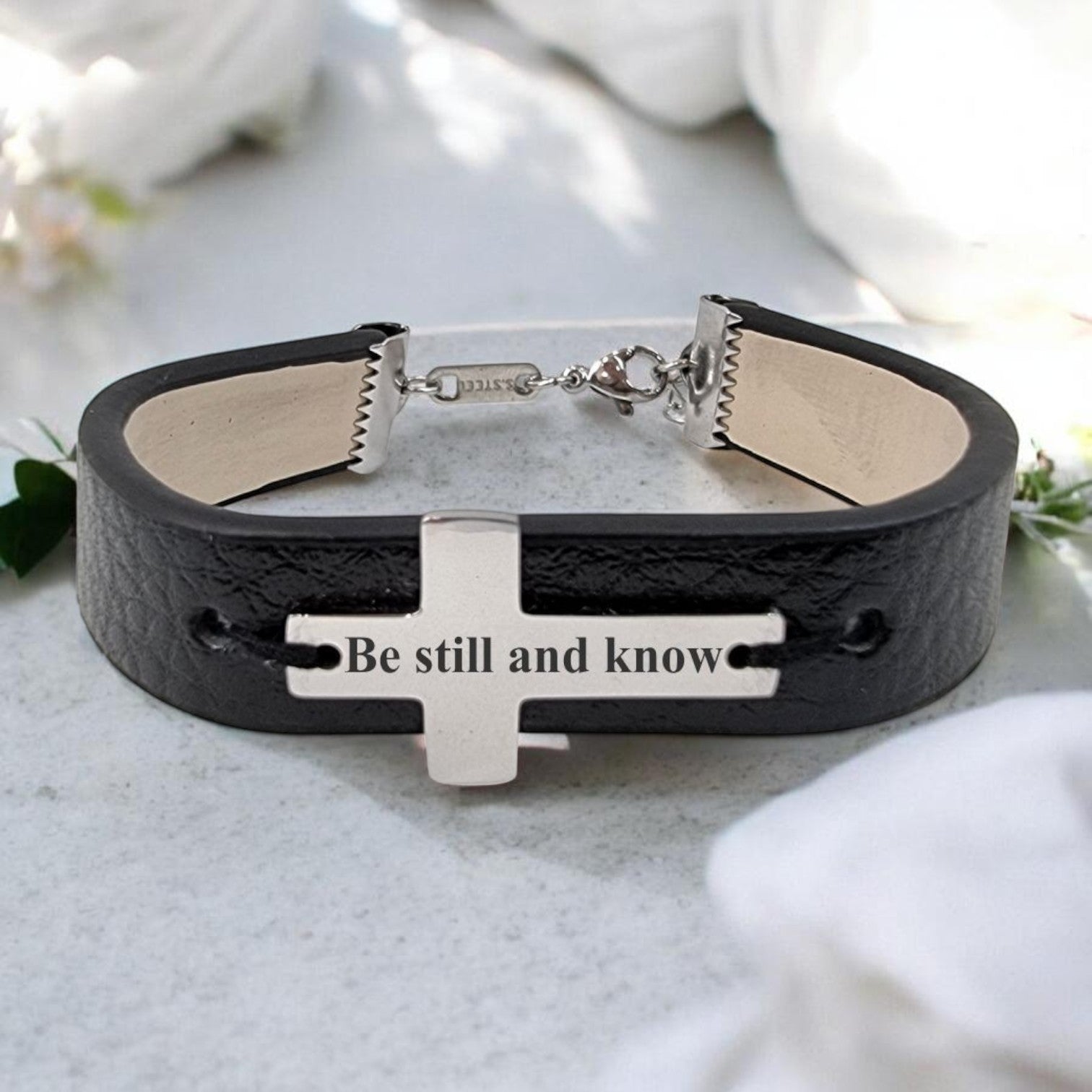 Black Pleather Custom Engraved Cross Bracelet