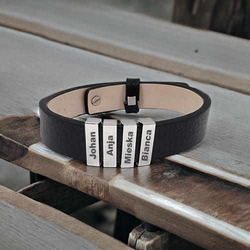 Black Pleather Bracelet & 4 Personalized Engraved Sliders