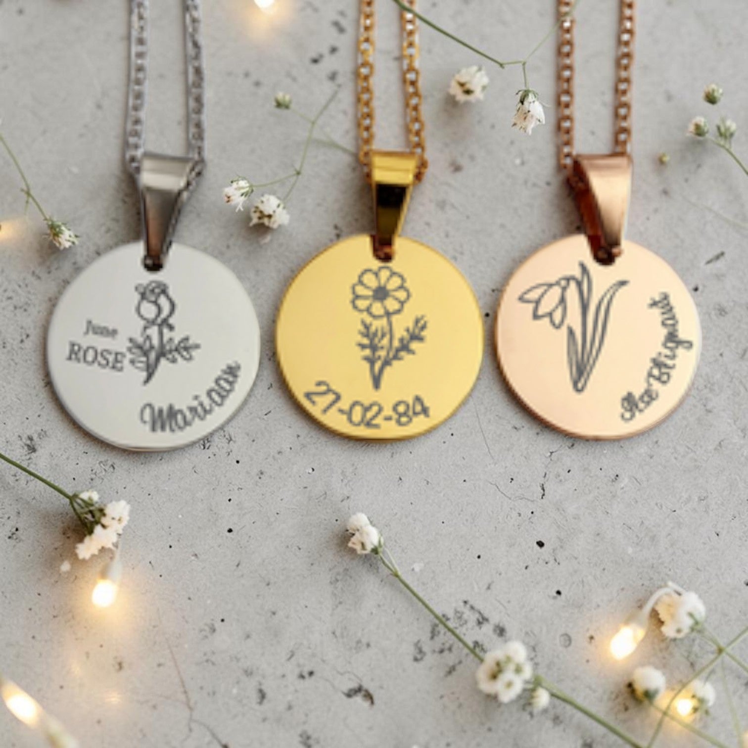 Custom Engraved Birth Flower Pendant and Chain