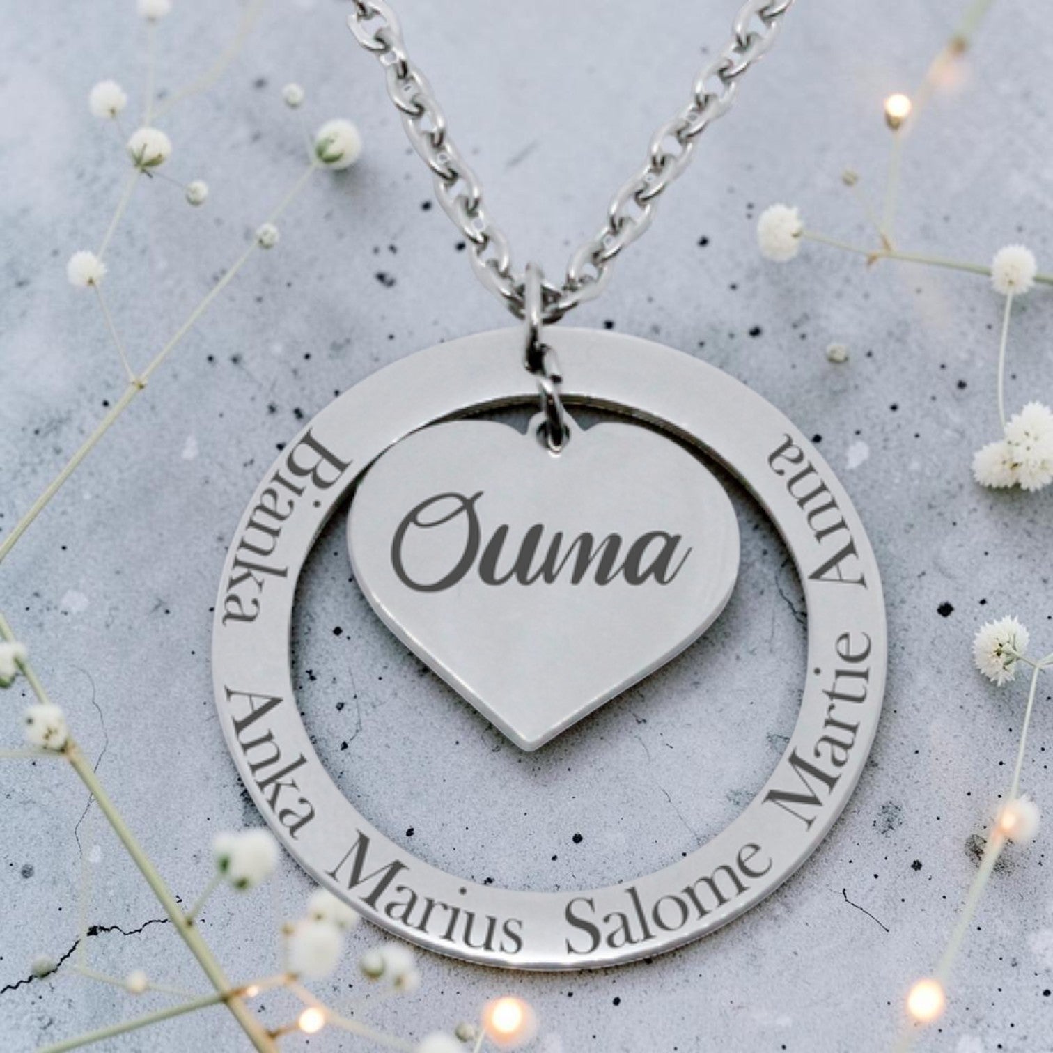Custom Engraved Circle Heart Pendant and Chain
