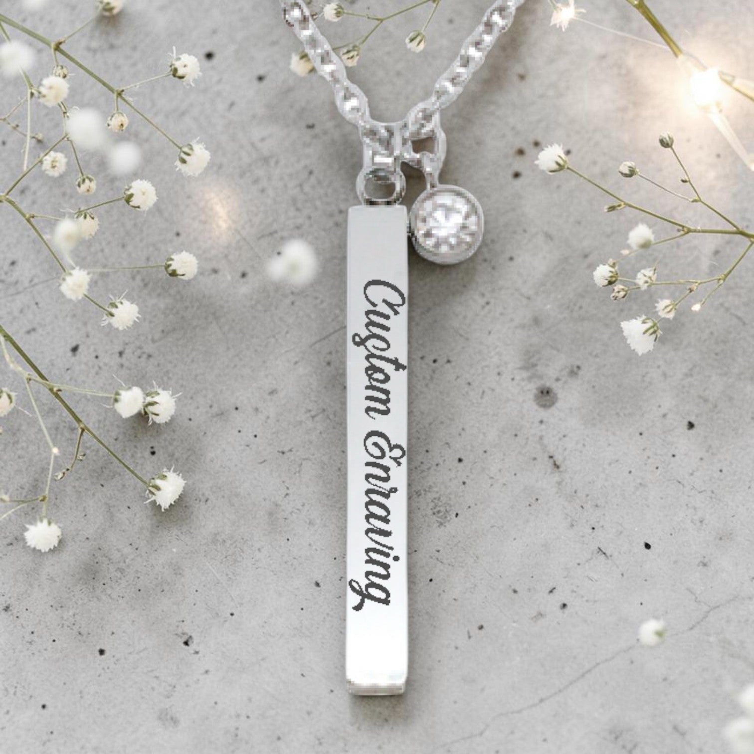 Custom Engraved Cuboid Bar Pendant with Birthstone Charm and Chain