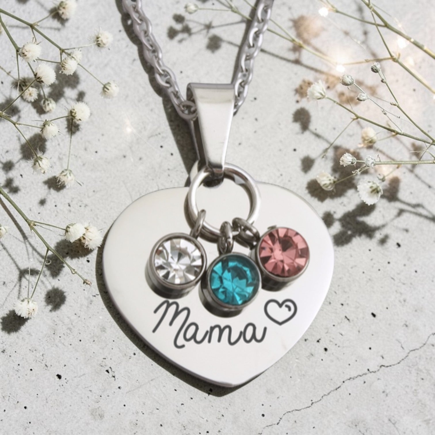 Custom Engraved Heart Pendant & 3 Birthstones with Chain