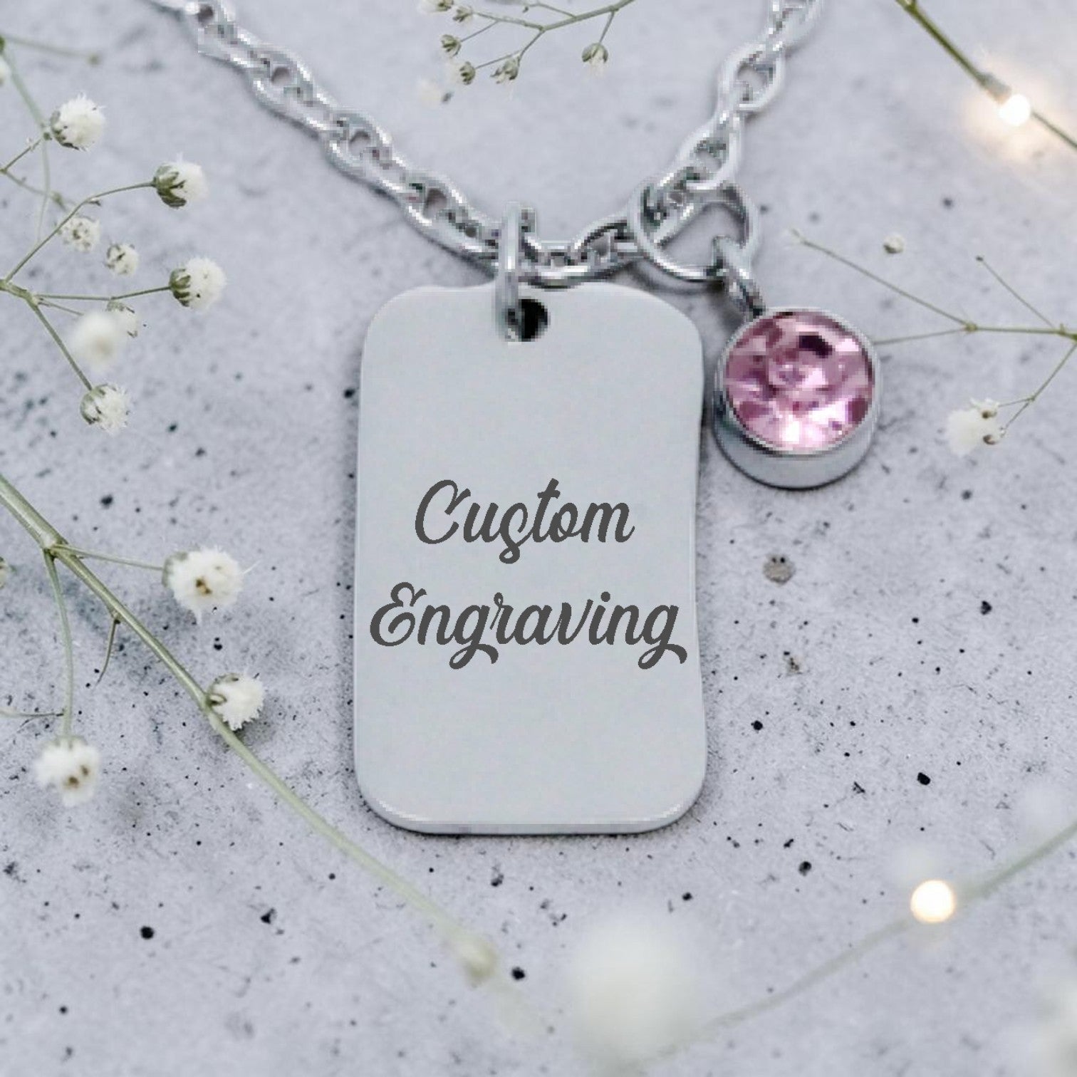 Custom Engraved Rectangle Pendant with Birthstone and Chain