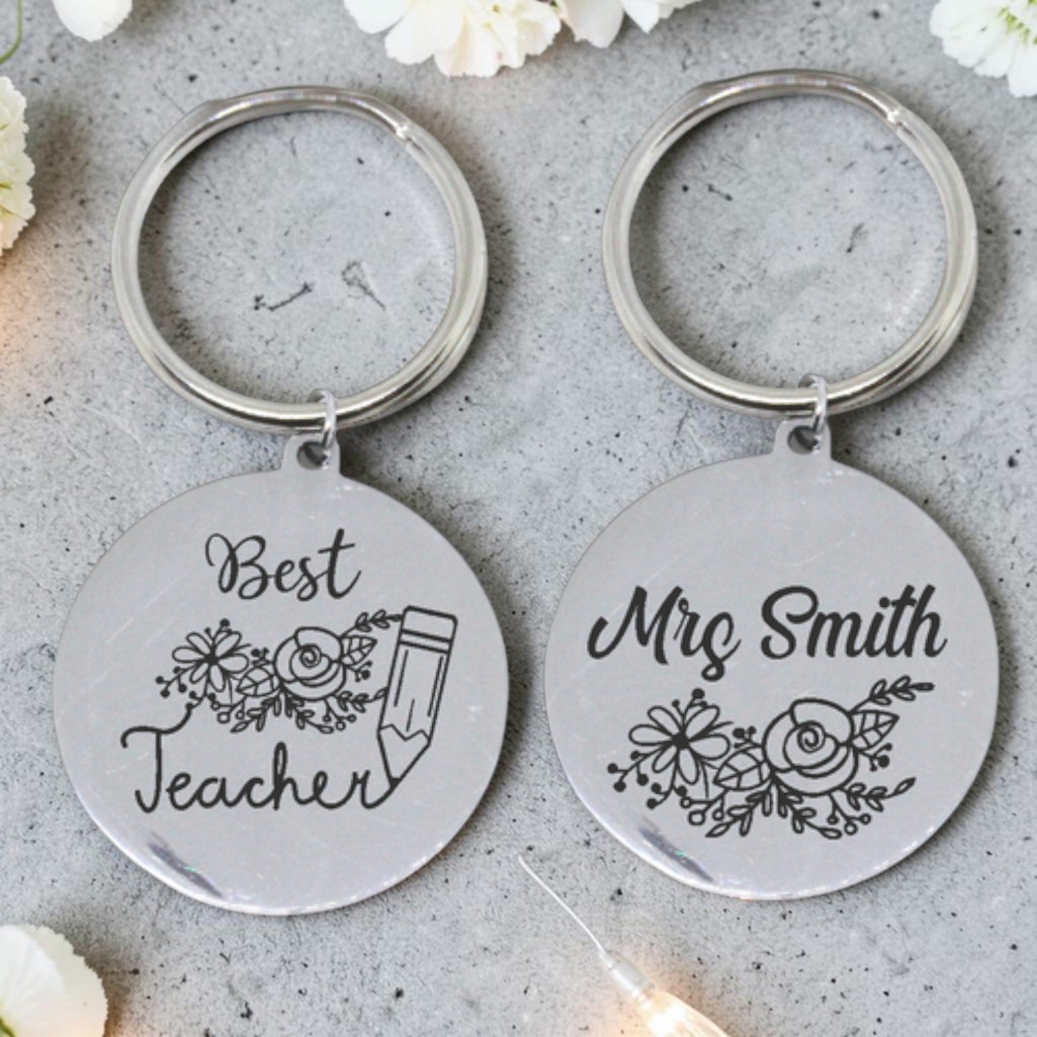 Custom Engraved Round Best Teacher Keyring (front & back)