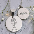 Custom Engraved Round Birth Flower Pendant and Chain