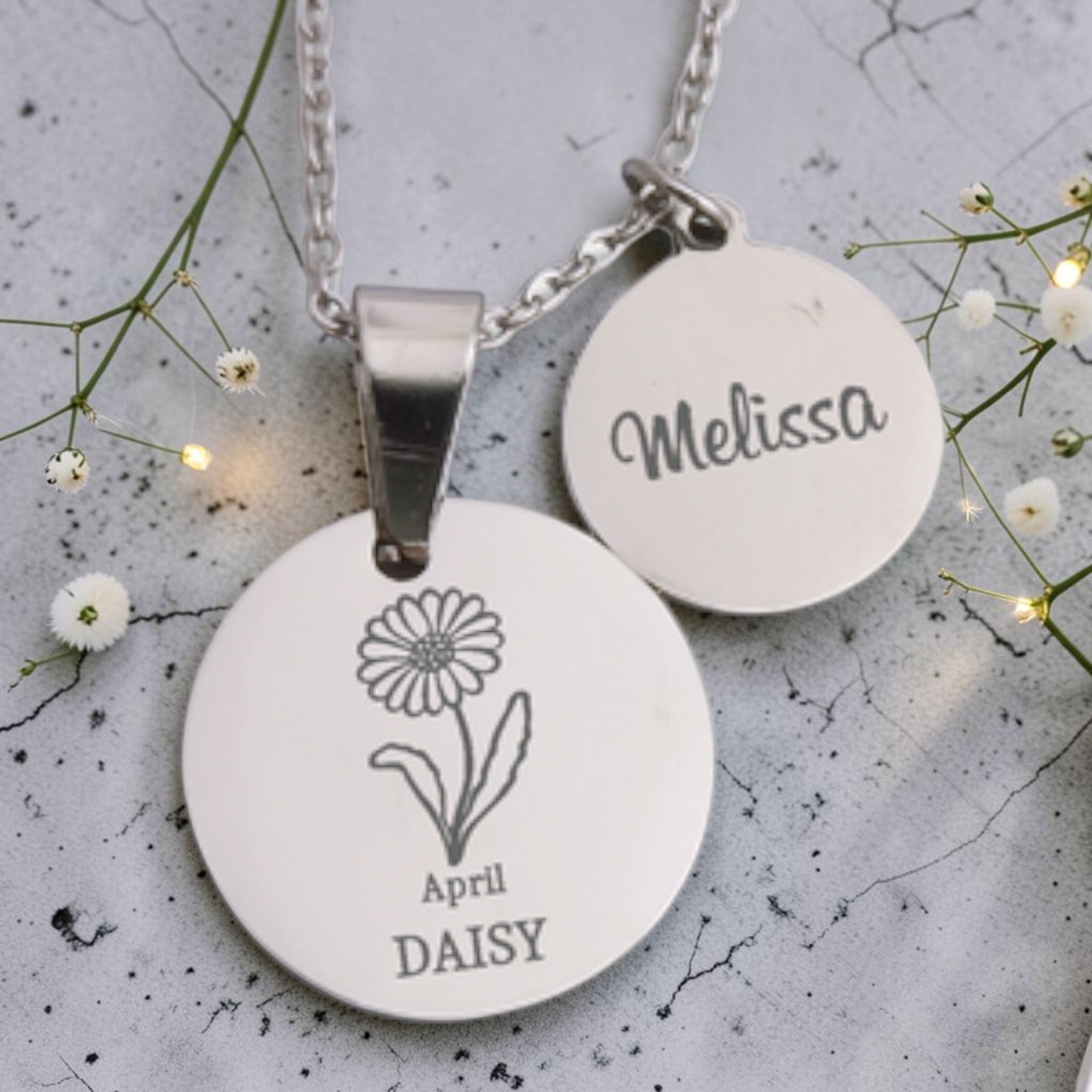 Custom Engraved Round Birth Flower Pendant and Chain