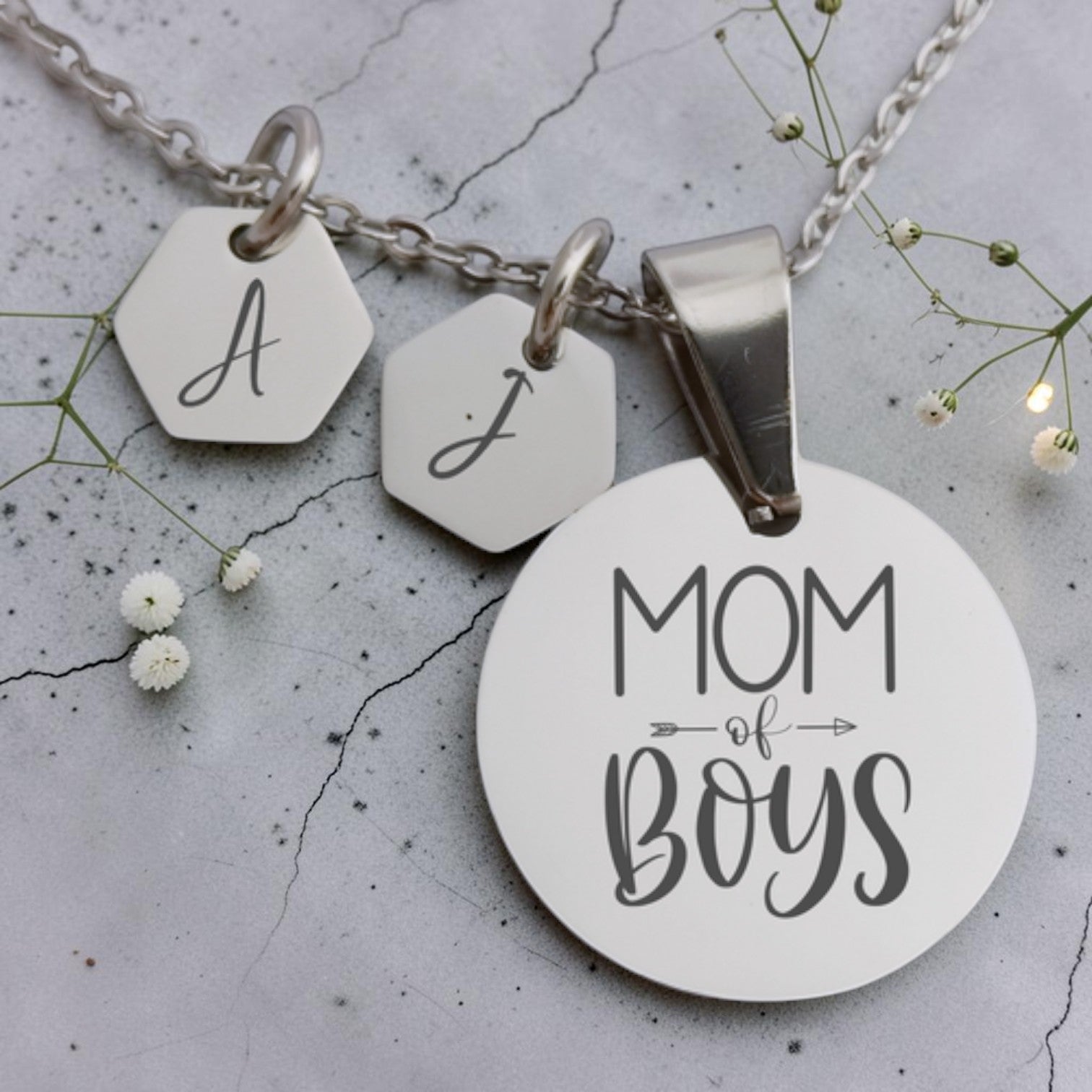 Custom Engraved Round & Hexagon Pendants and Chain