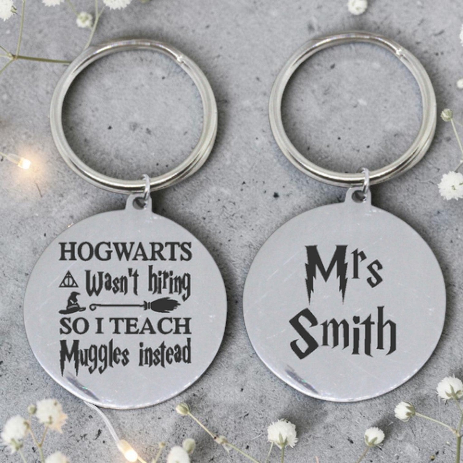 Custom Engraved Round Hogwarts Teacher Keyring (front & back)