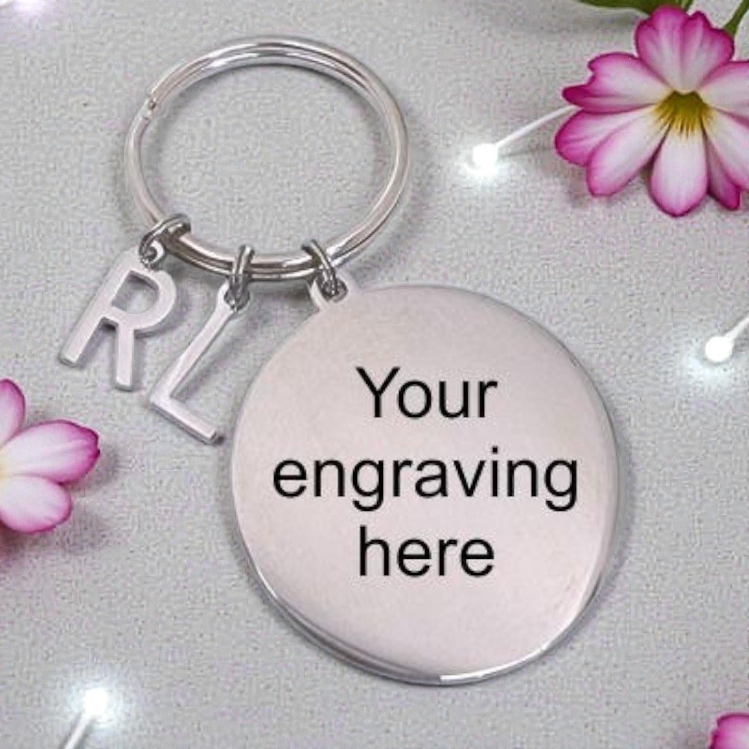Custom Engraved Round Keyring with 2 Letter Charms