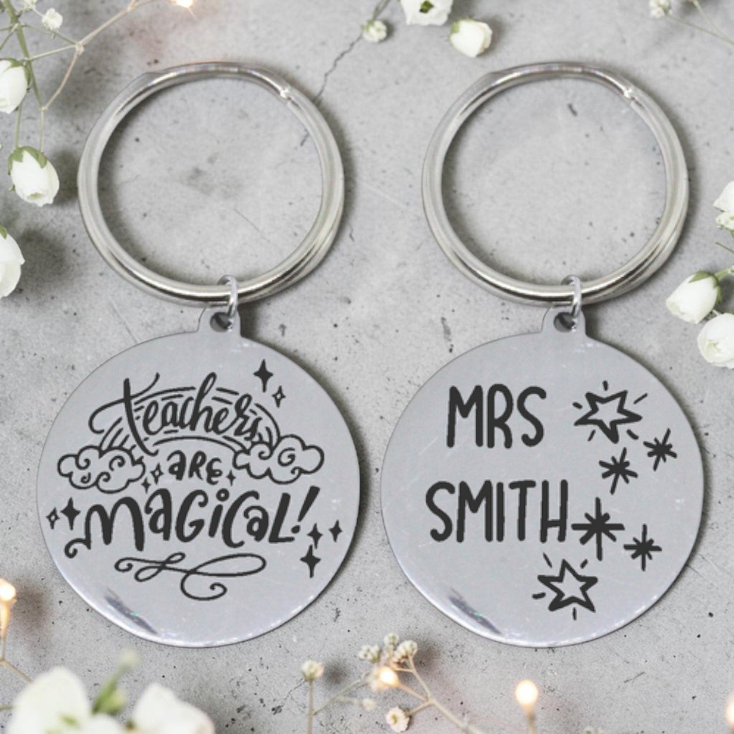 Custom Engraved Round Magical Teacher Keyring (front & back)