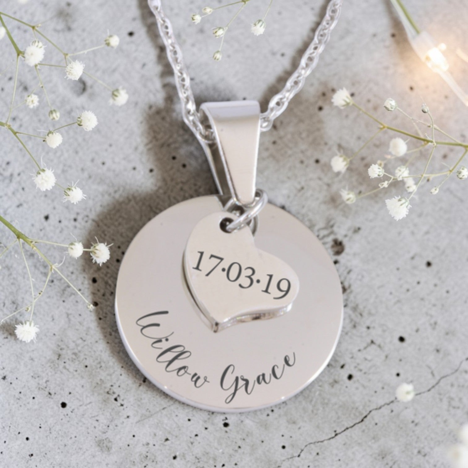 Custom Engraved Round & Mini Heart Pendants and Chain