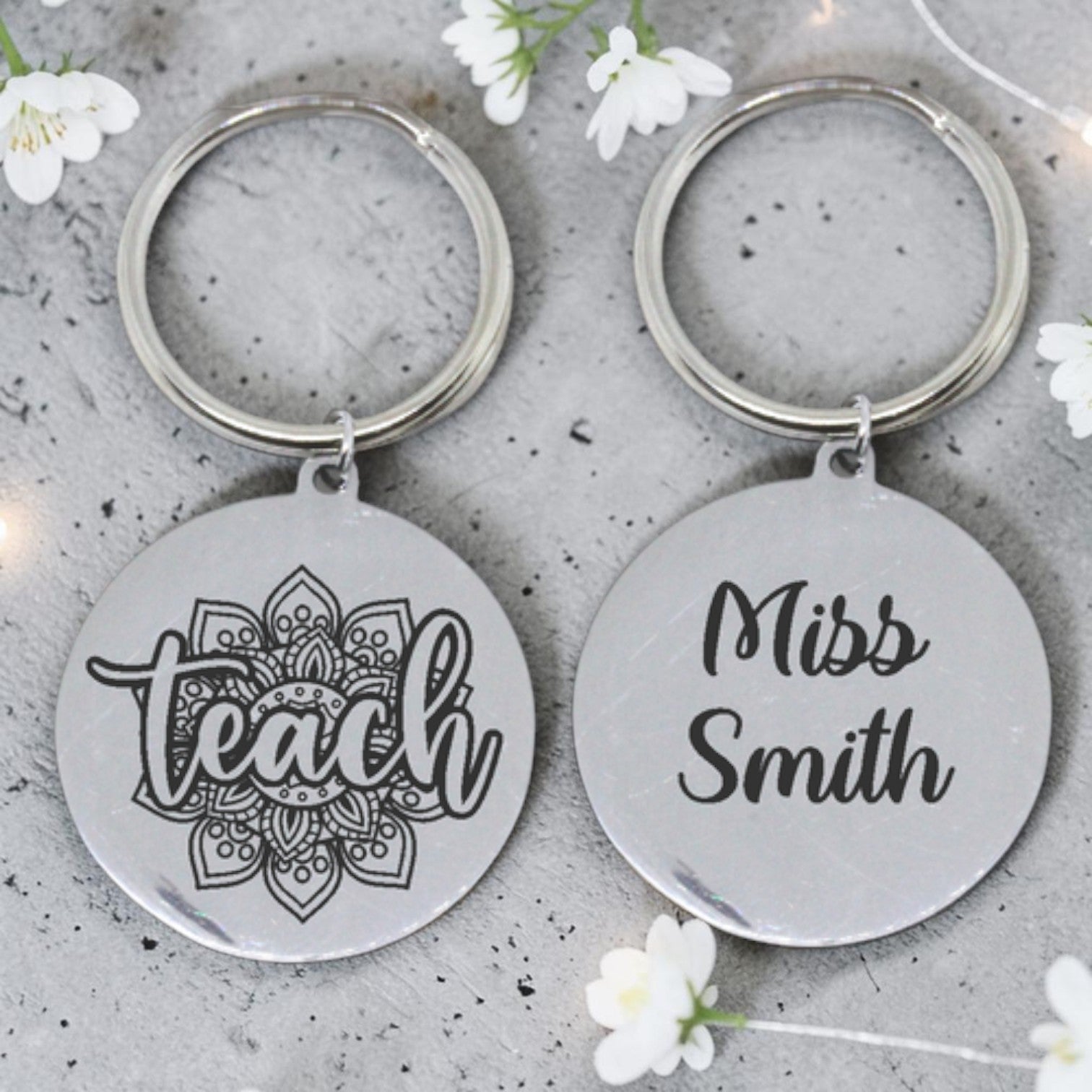 Custom Engraved Round Teacher Keyring (front & back)