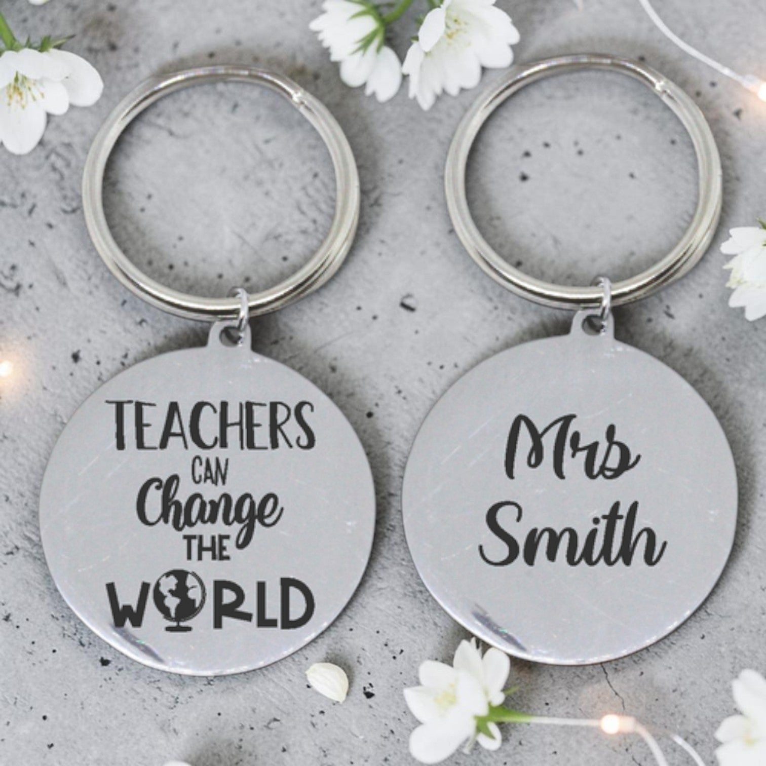 Custom Engraved Round Teacher World Keyring (front & back)