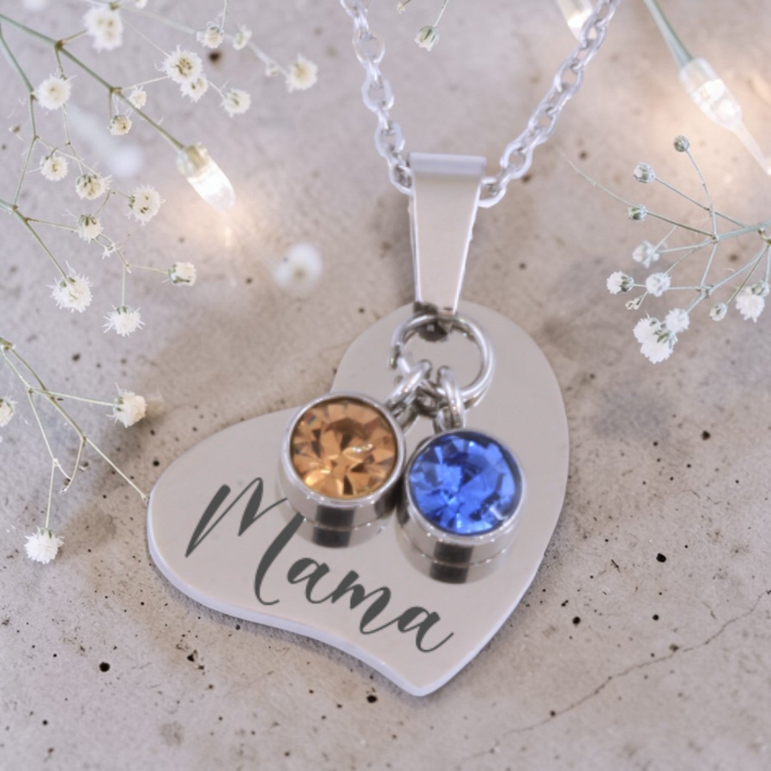 Custom Engraved Side Heart Pendant with Birthstones and Chain