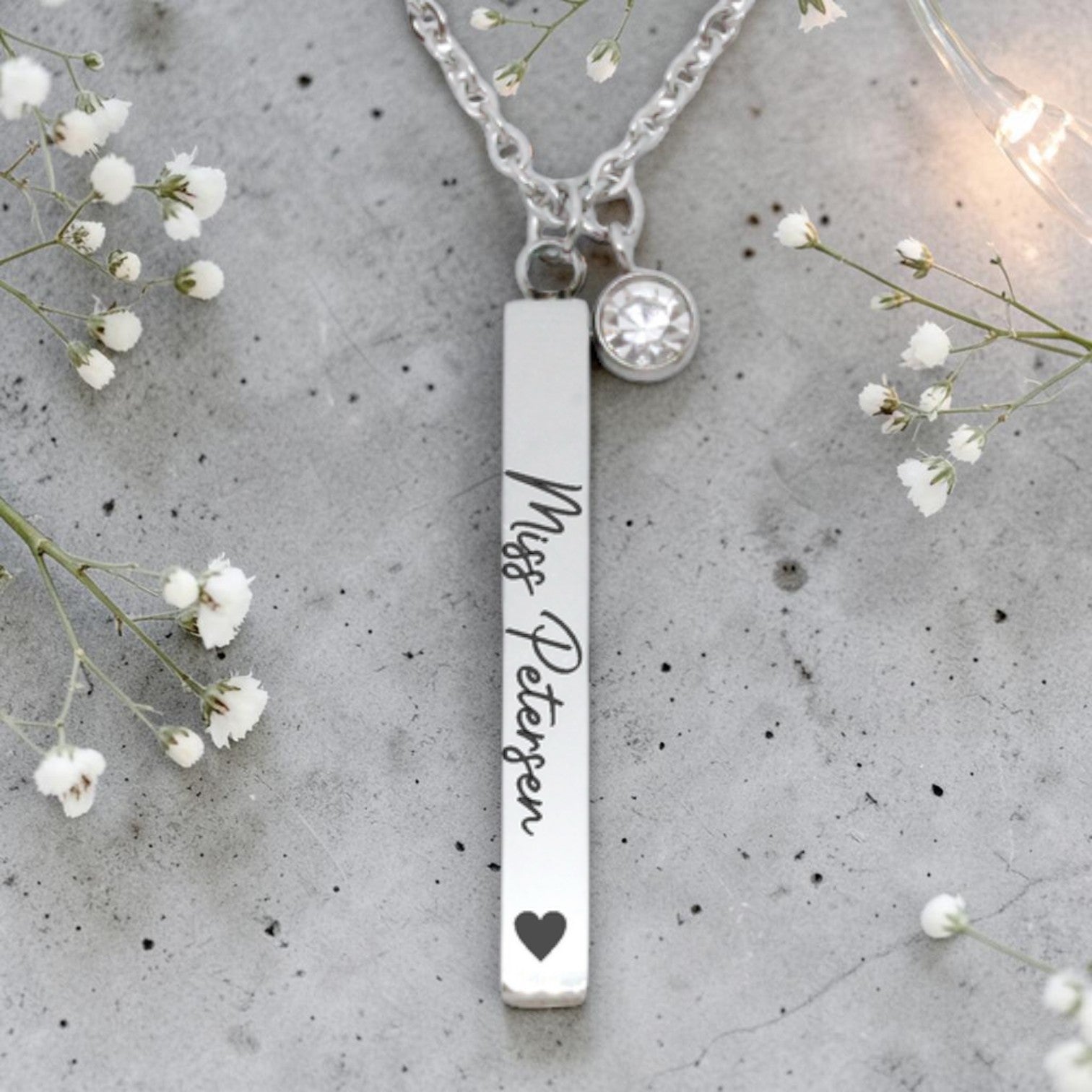 Custom Engraved Teacher Cuboid Bar Pendant with Birthstone Charm and Chain