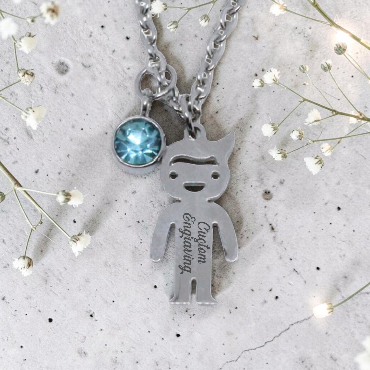 Personalized Boy Pendant with Birthstone Charm & Chain