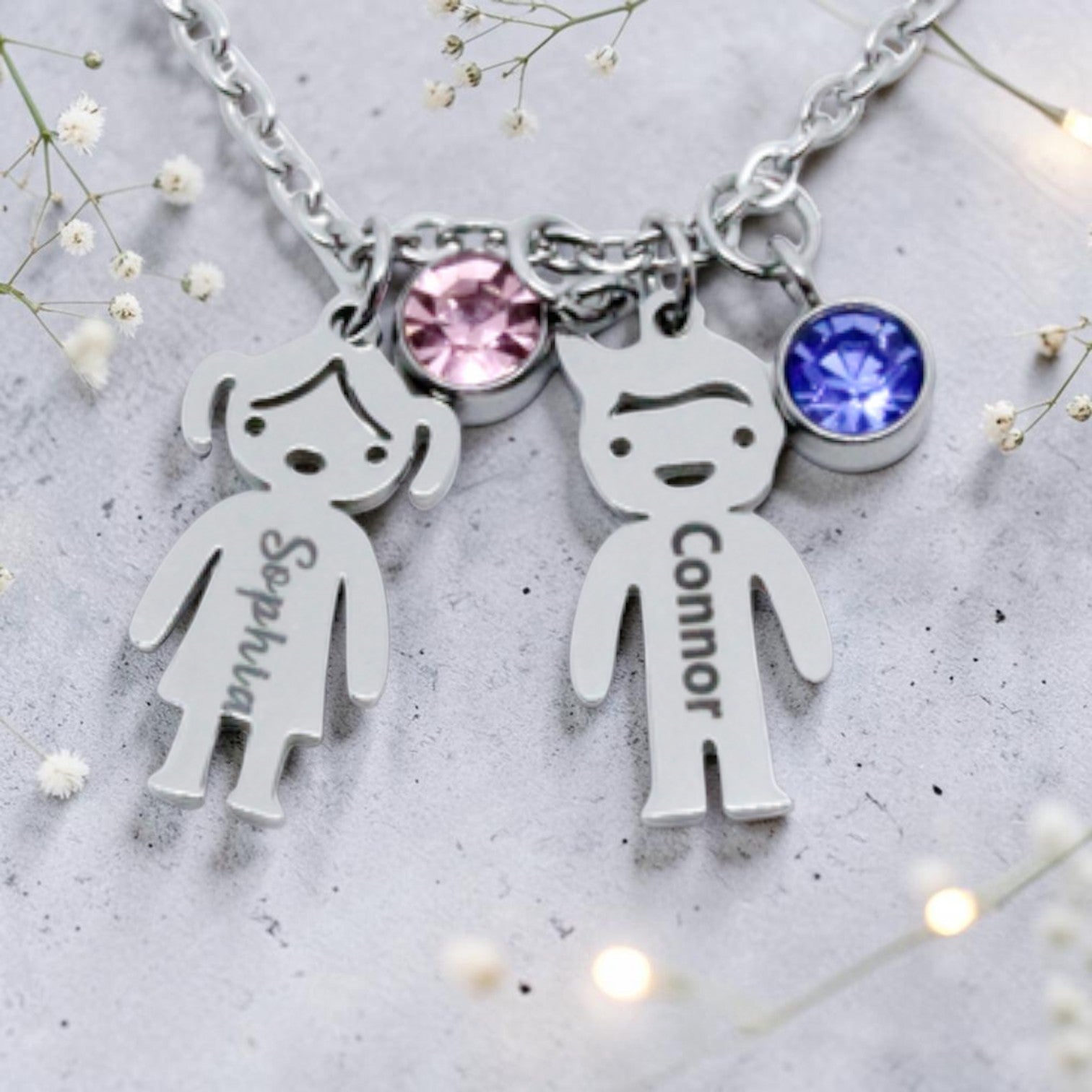Engraved Boy &/or Girl Pendants with Birthstones and Chain
