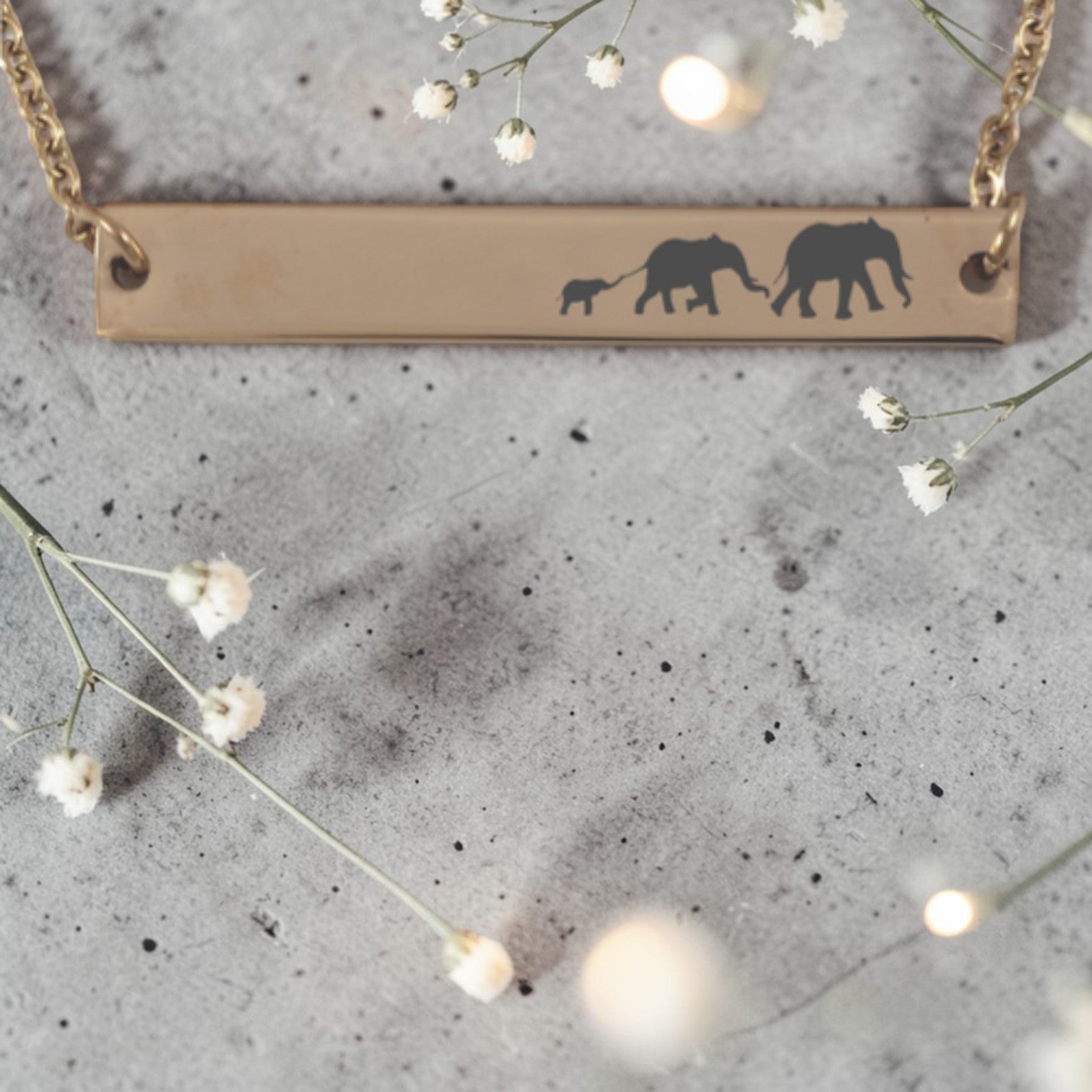 Engraved Elephant Family Horizontal Pendant and Chain