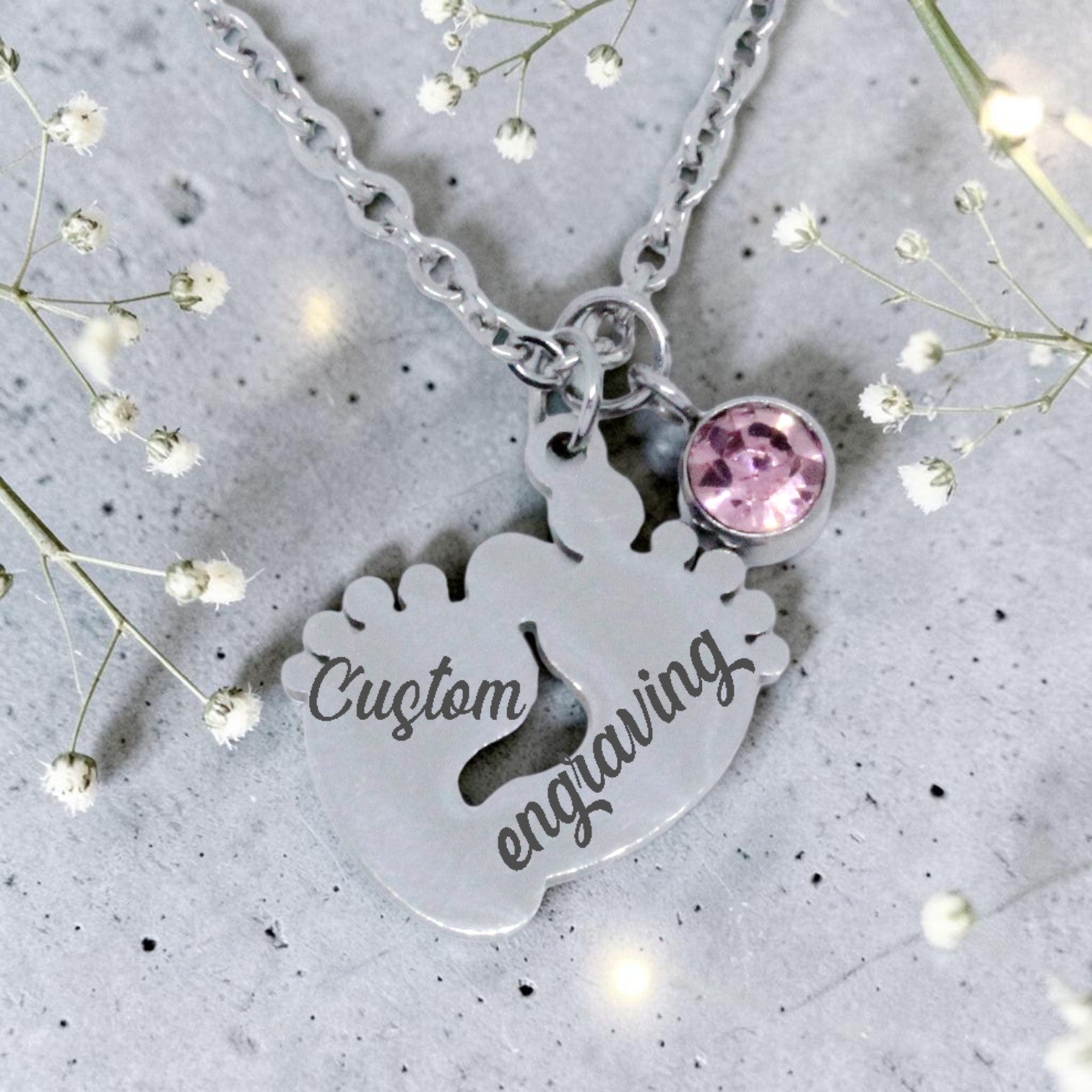 Personalized Feet Pendant with Birthstone Charm & Chain
