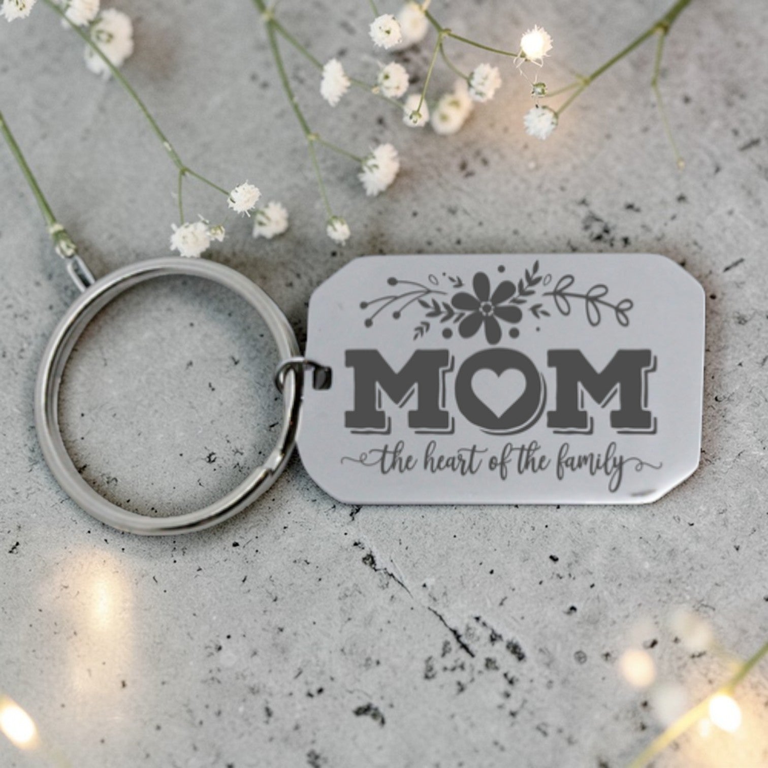Engraved Floral Mom Dog Tag Keyring