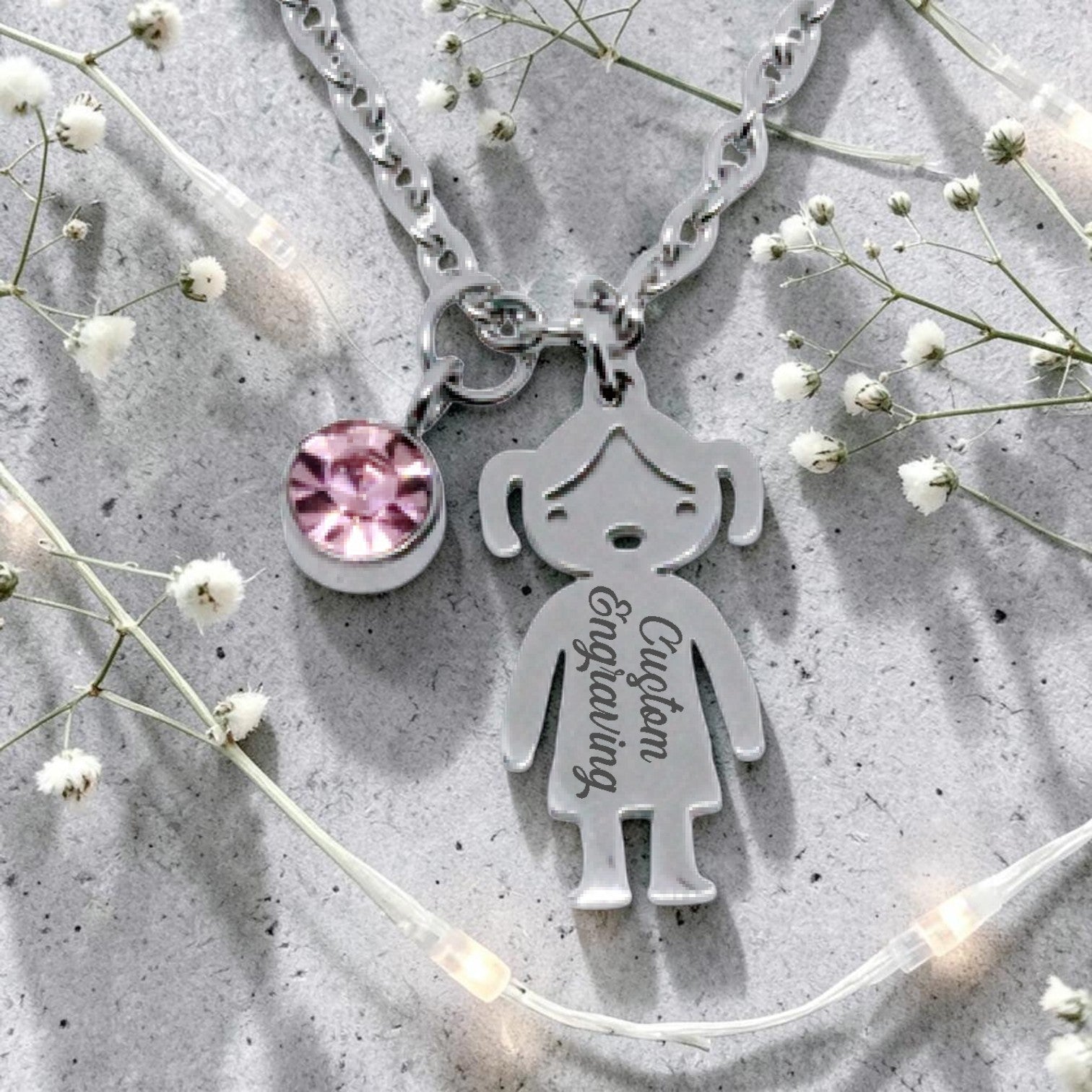 Personalized Girl Pendant with Birthstone Charm & Chain