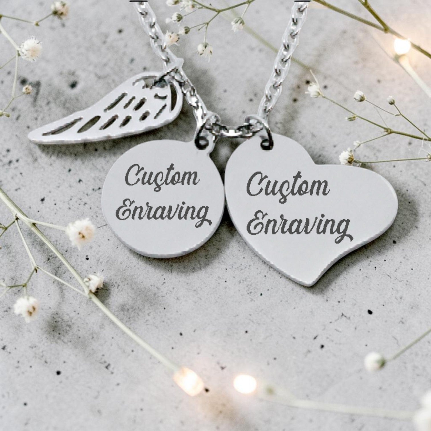 Personalized Heart & Round Pendant with Feather Charm & Chain