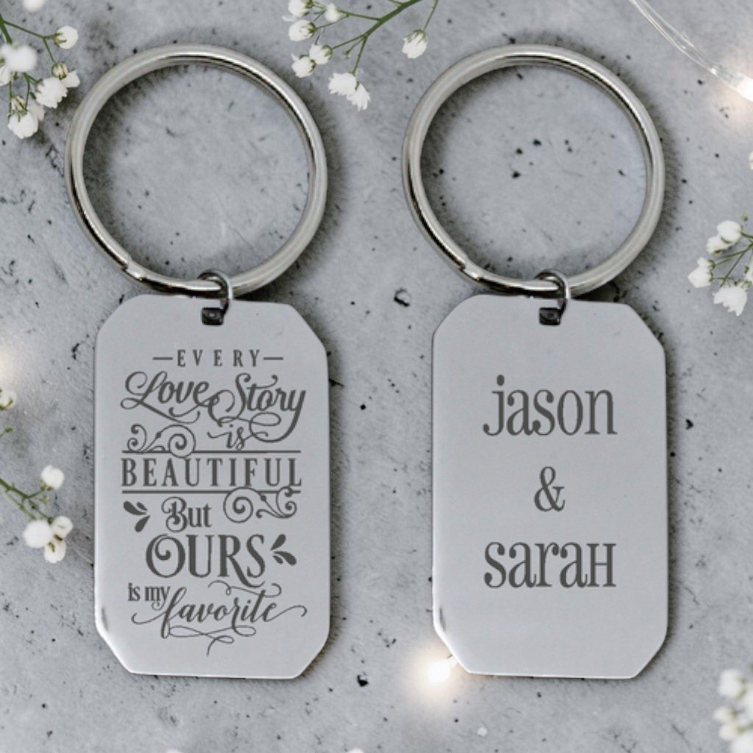 Engraved Love Story Dog Tag Keyring