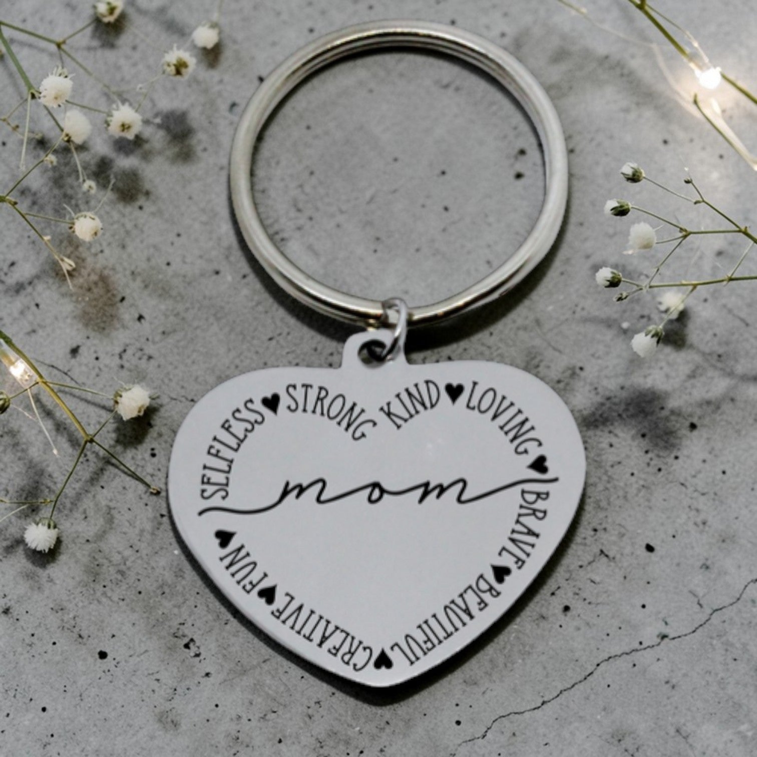 Engraved Mom Heart Keyring