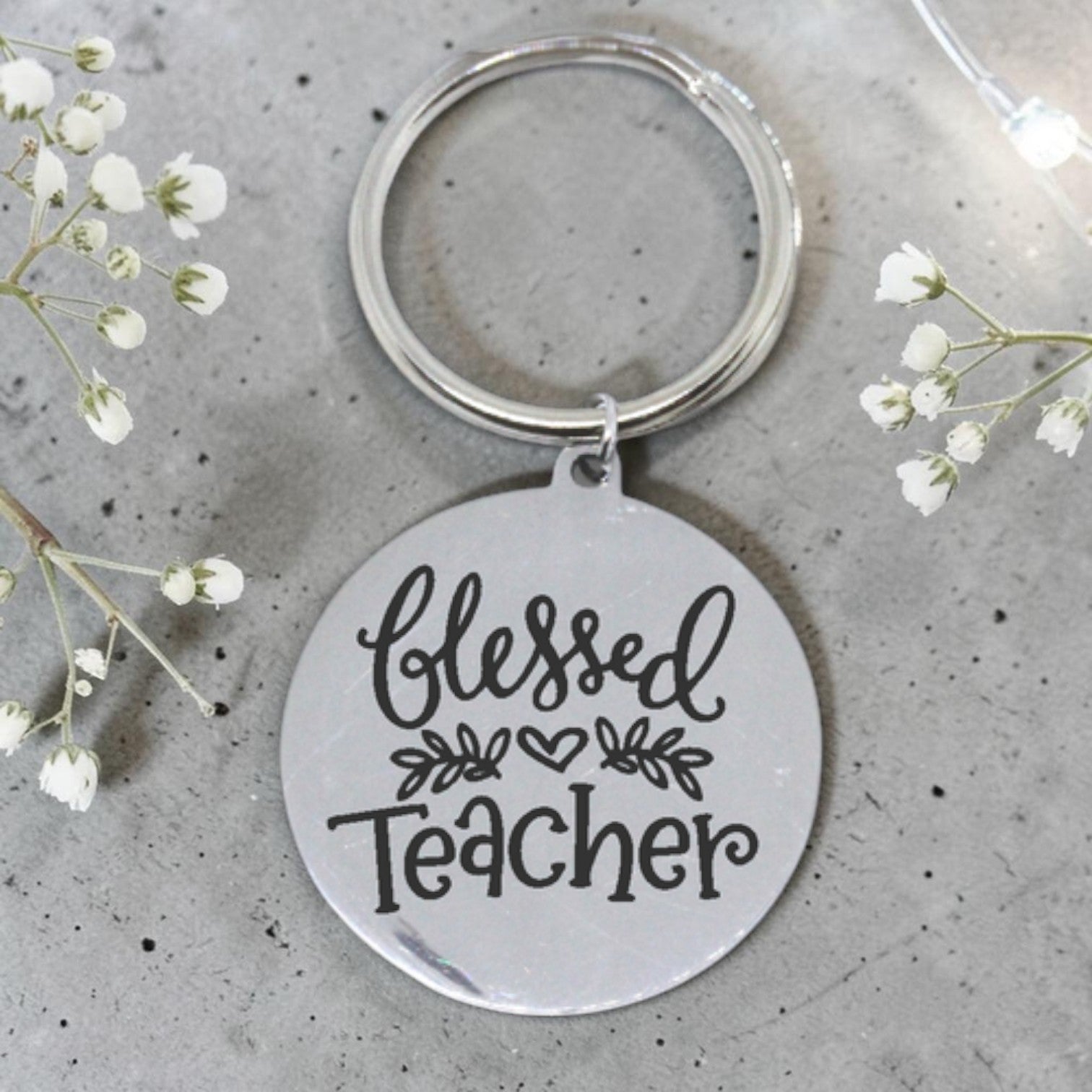 Engraved Round Blessed Teacher Keyring (Optional engraving on back)