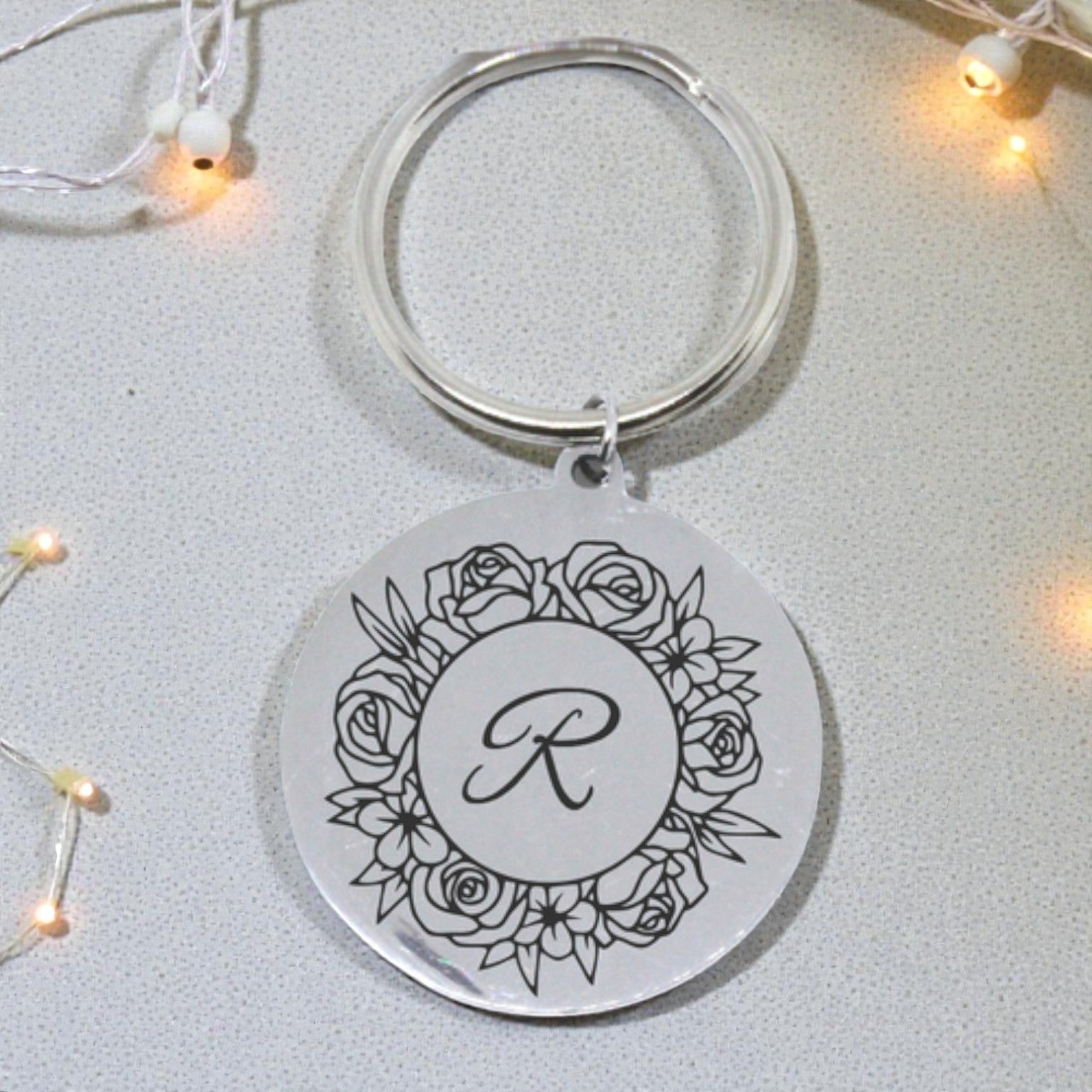 Engraved Round Floral Letter Keyring