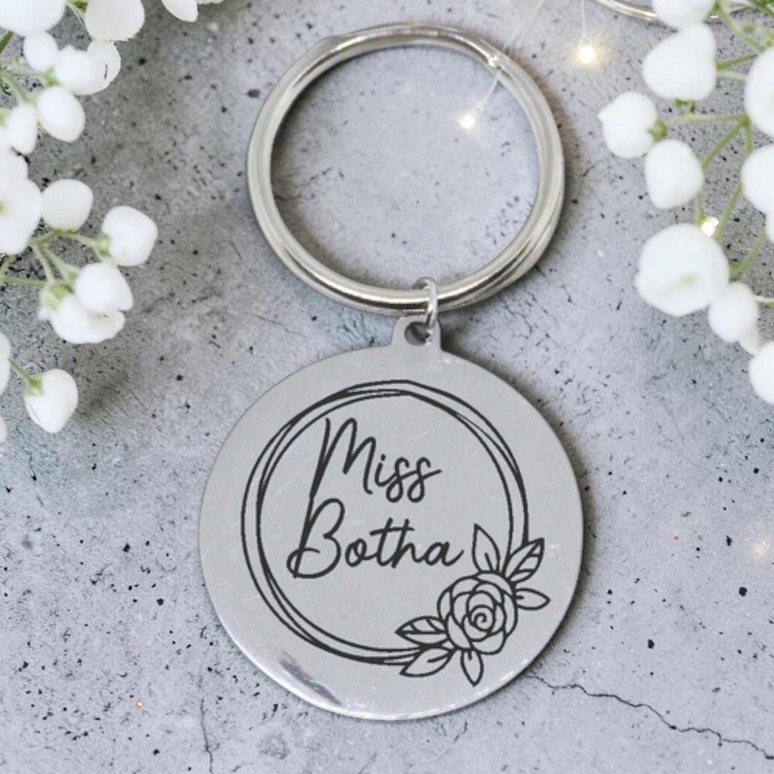 Engraved Round Floral Teacher Keyring