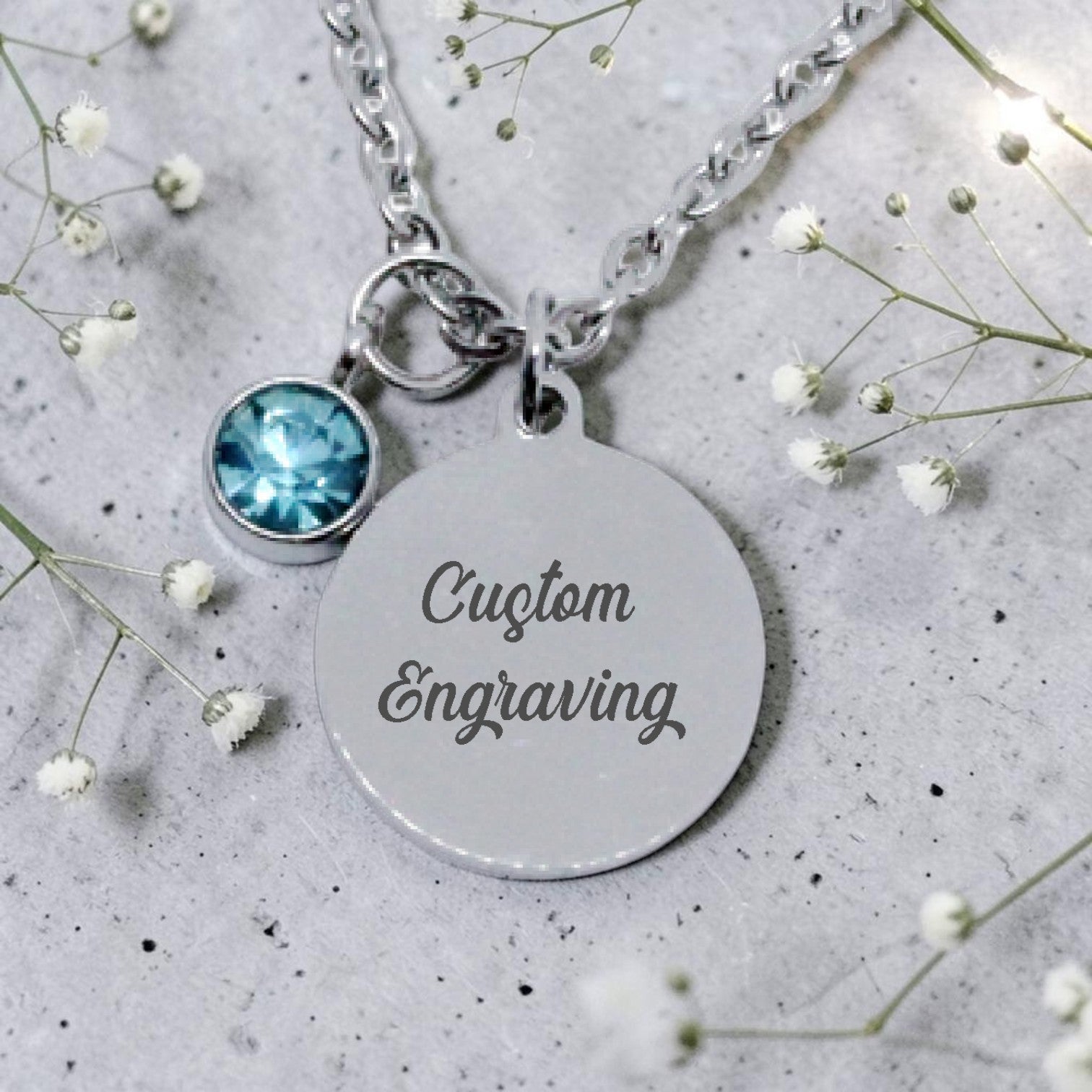 Engraved Round Pendant with Birthstone Charm & Chain