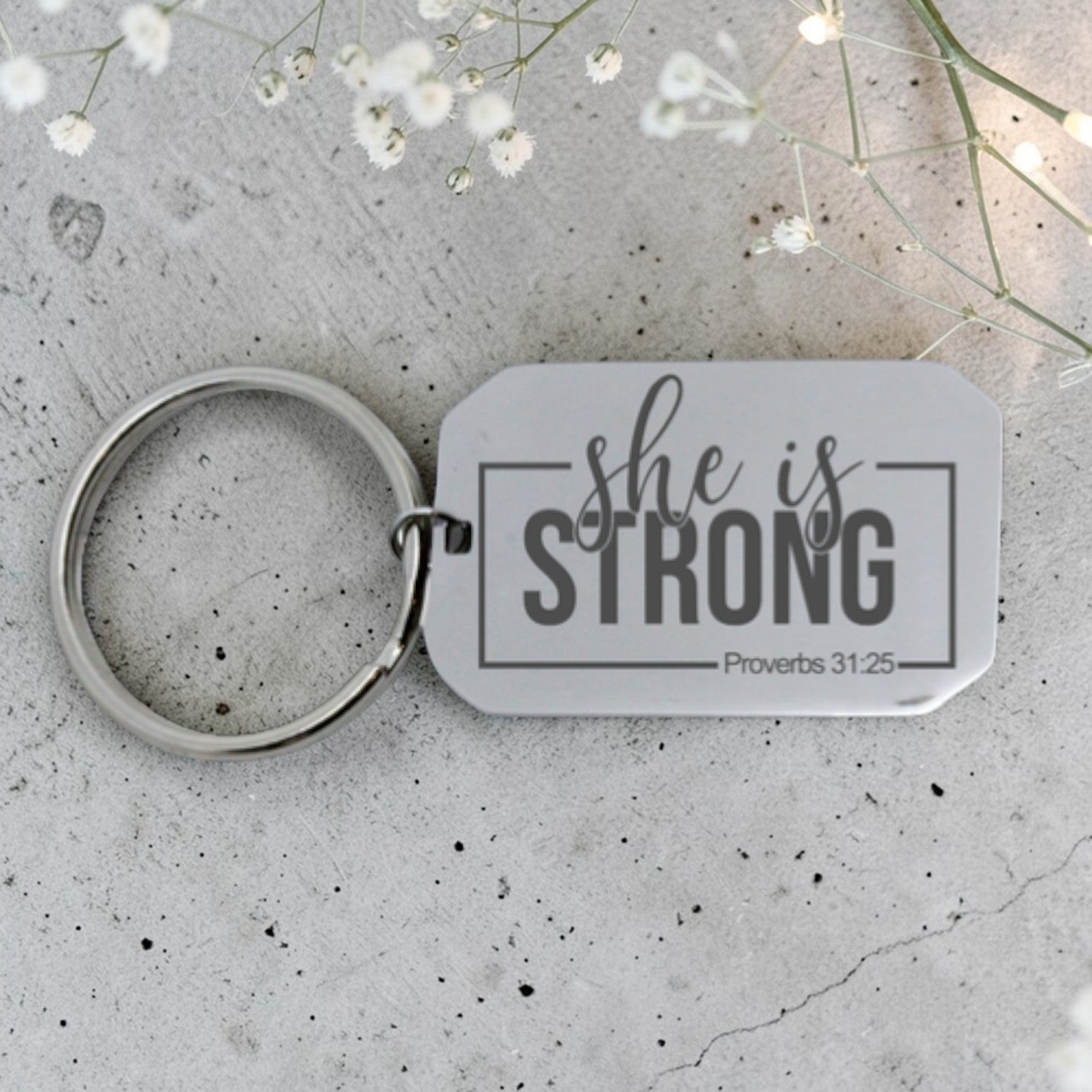 Engraved "She is Strong" Dog Tag Keyring