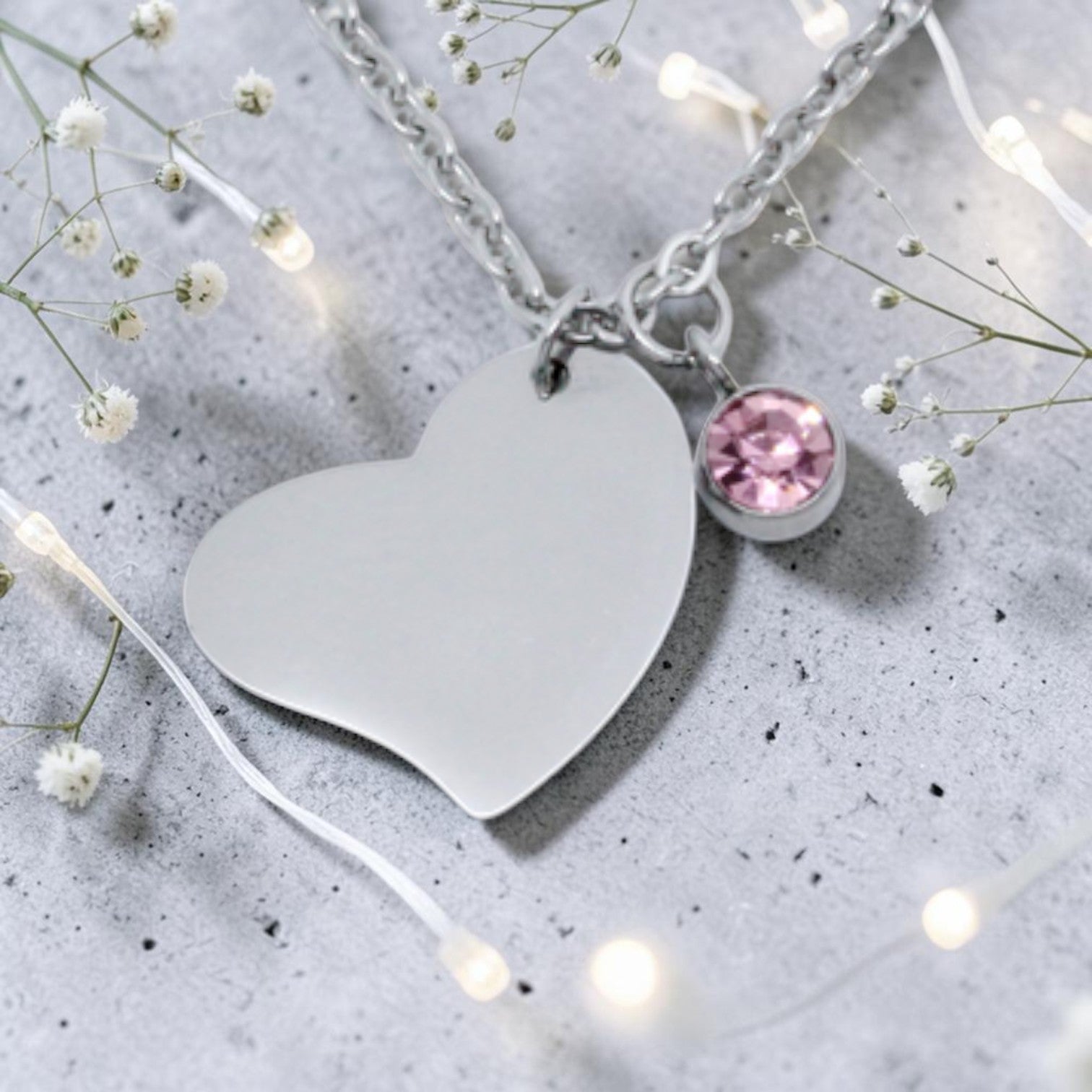 Engraved Side Heart Pendant with Birthstone Charm & Chain